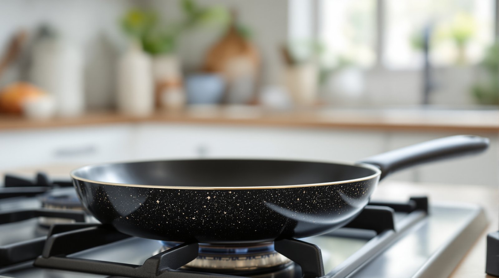 A well-used black nonstick frying pan with a worn coating heating on a gas stovetop in a bright home kitchen