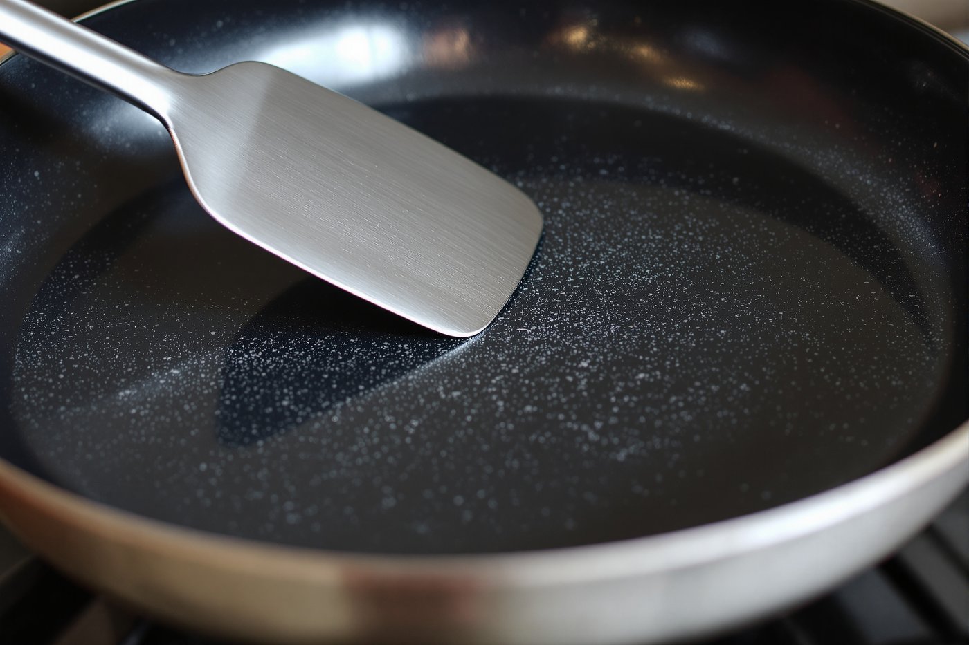 A stainless steel spatula scraping across the dark, worn surface of a nonstick frying pan, showing fine scratches in the coating