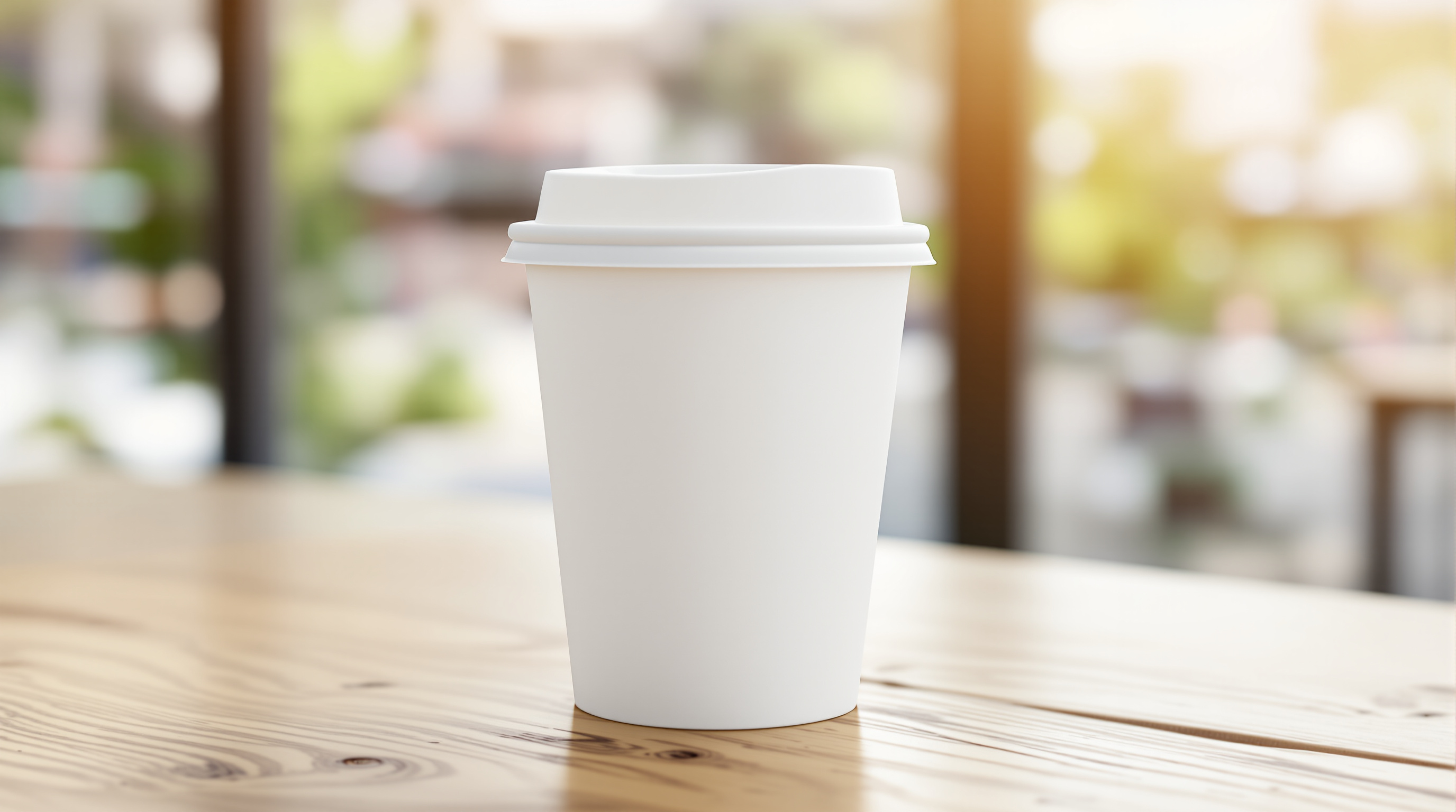 A disposable white paper takeaway coffee cup with a plastic lid on a sunlit wooden cafe counter