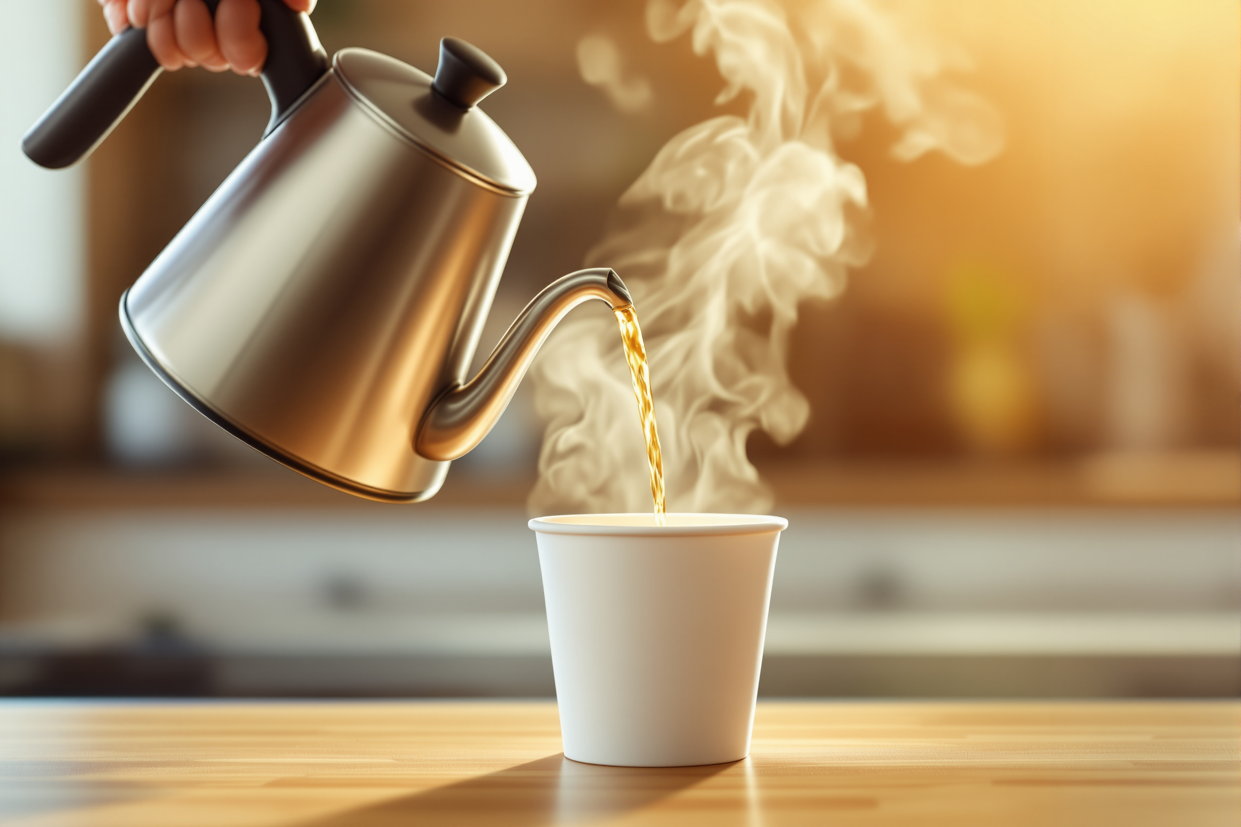 Hot tea being poured into a single white paper cup on a kitchen counter with steam rising