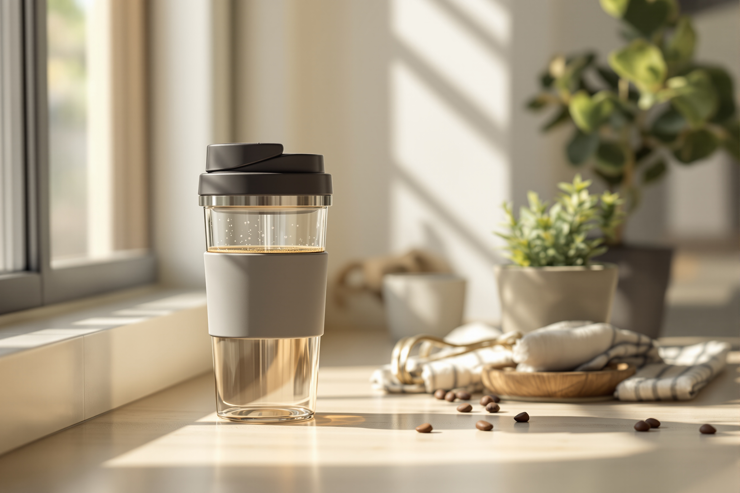 A reusable glass and stainless steel travel coffee mug with a silicone lid on a sunlit kitchen counter beside a plant