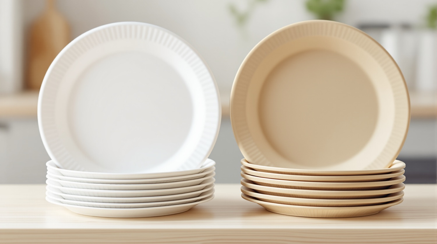 A stack of plain white disposable paper plates beside a stack of natural tan molded sugarcane fiber plates on a light wooden kitchen counter