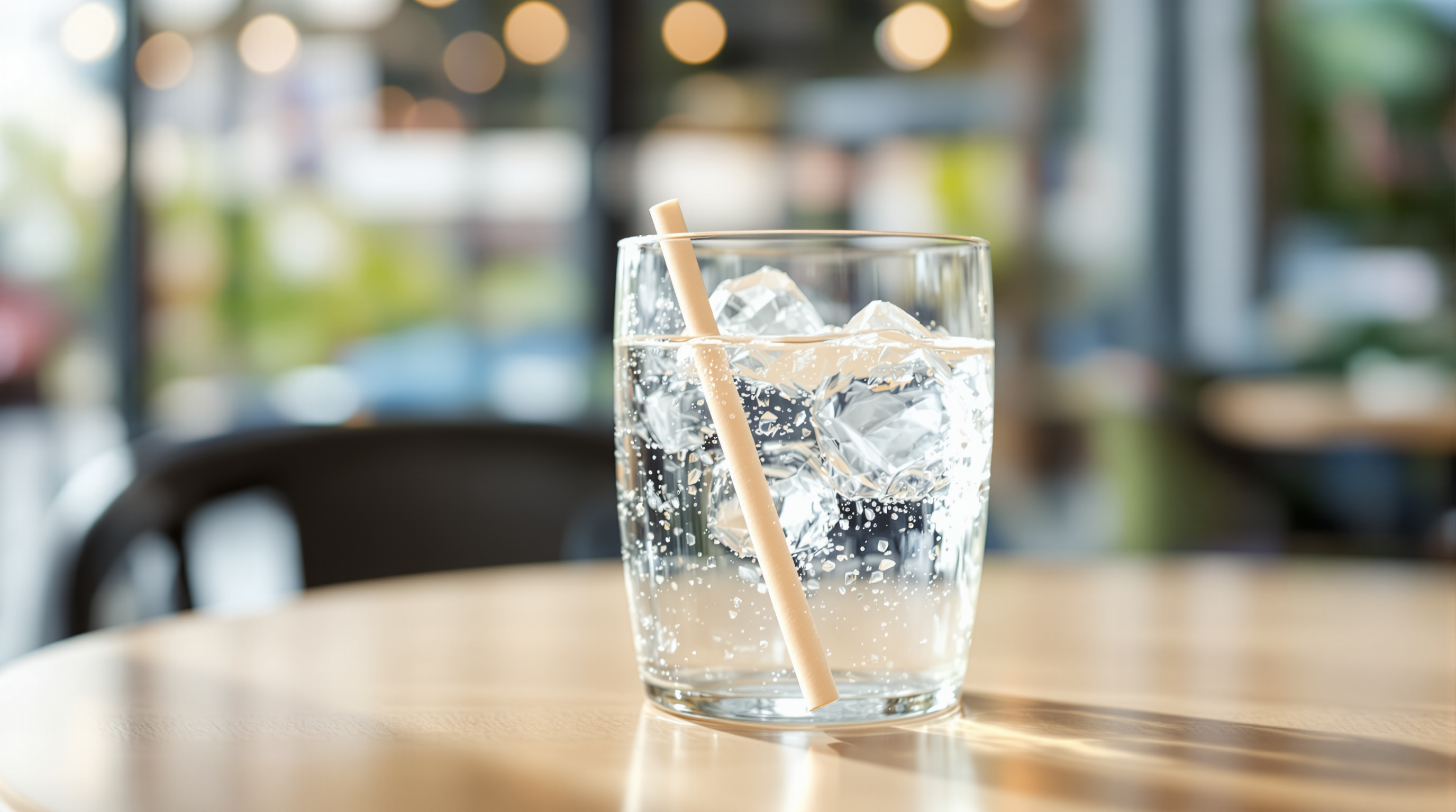 A paper drinking straw resting across the rim of a glass of iced water on a sunlit cafe table