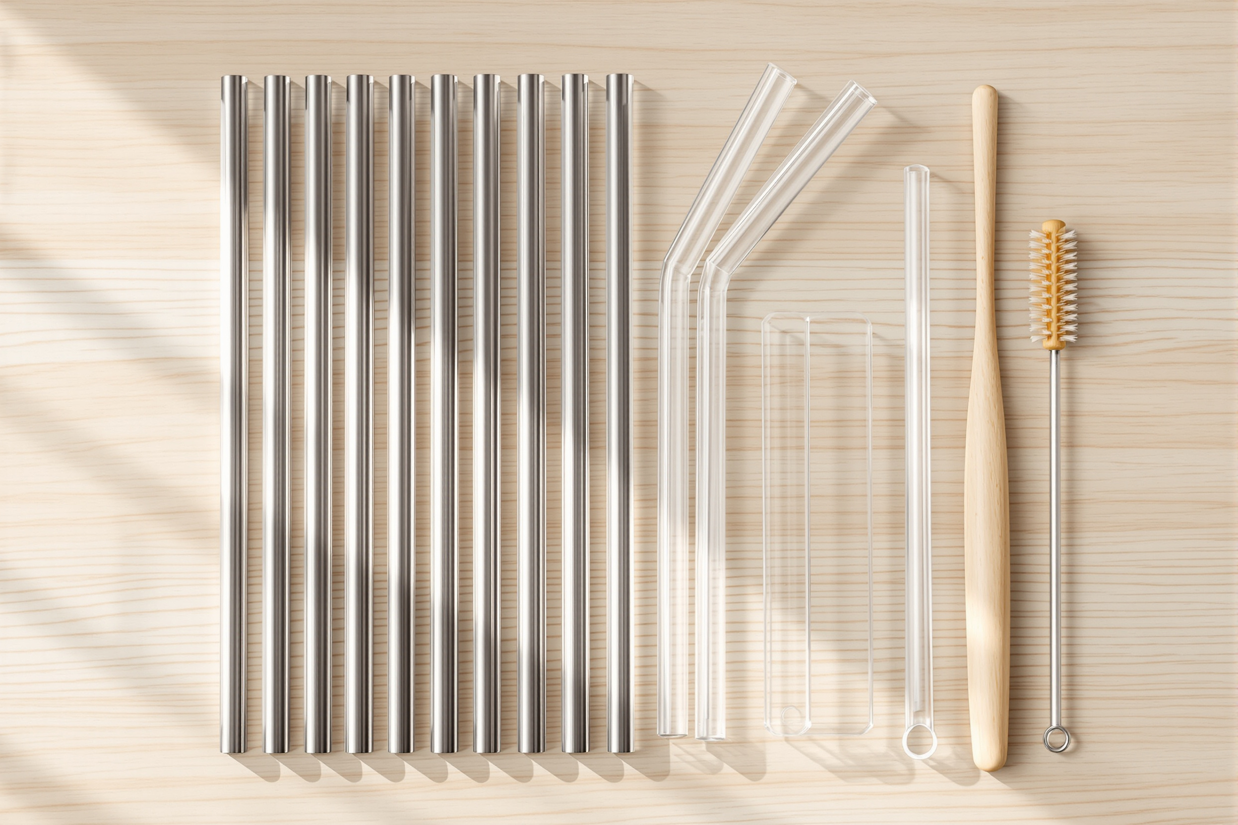 A row of reusable stainless steel and clear glass drinking straws laid out on a light wooden surface next to a cleaning brush