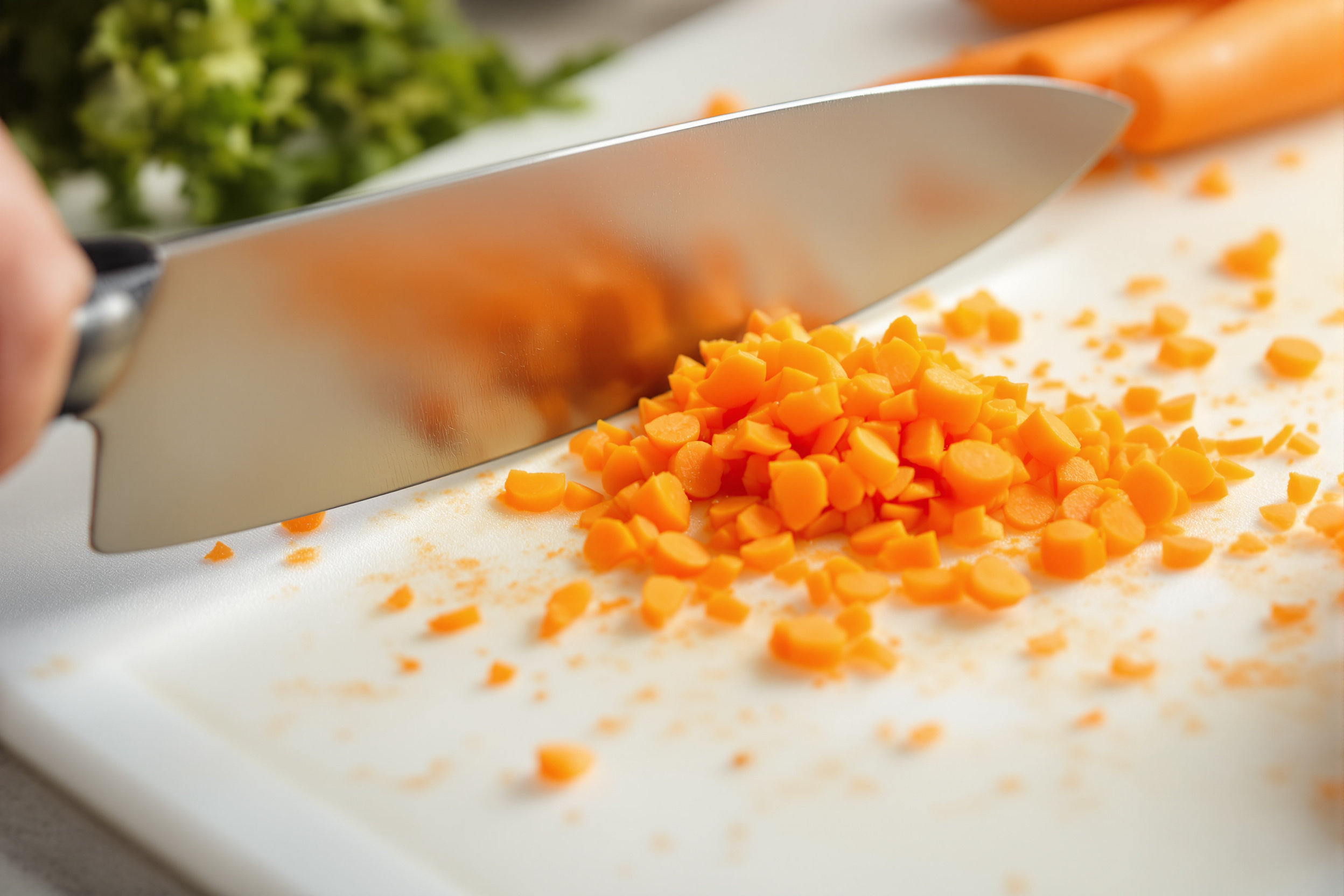 A kitchen knife slicing carrots on a worn white plastic cutting board covered in fine knife scratches