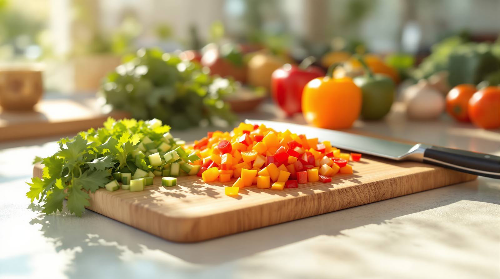 A wooden cutting board with freshly chopped colorful vegetables and a chef's knife on a sunlit kitchen counter