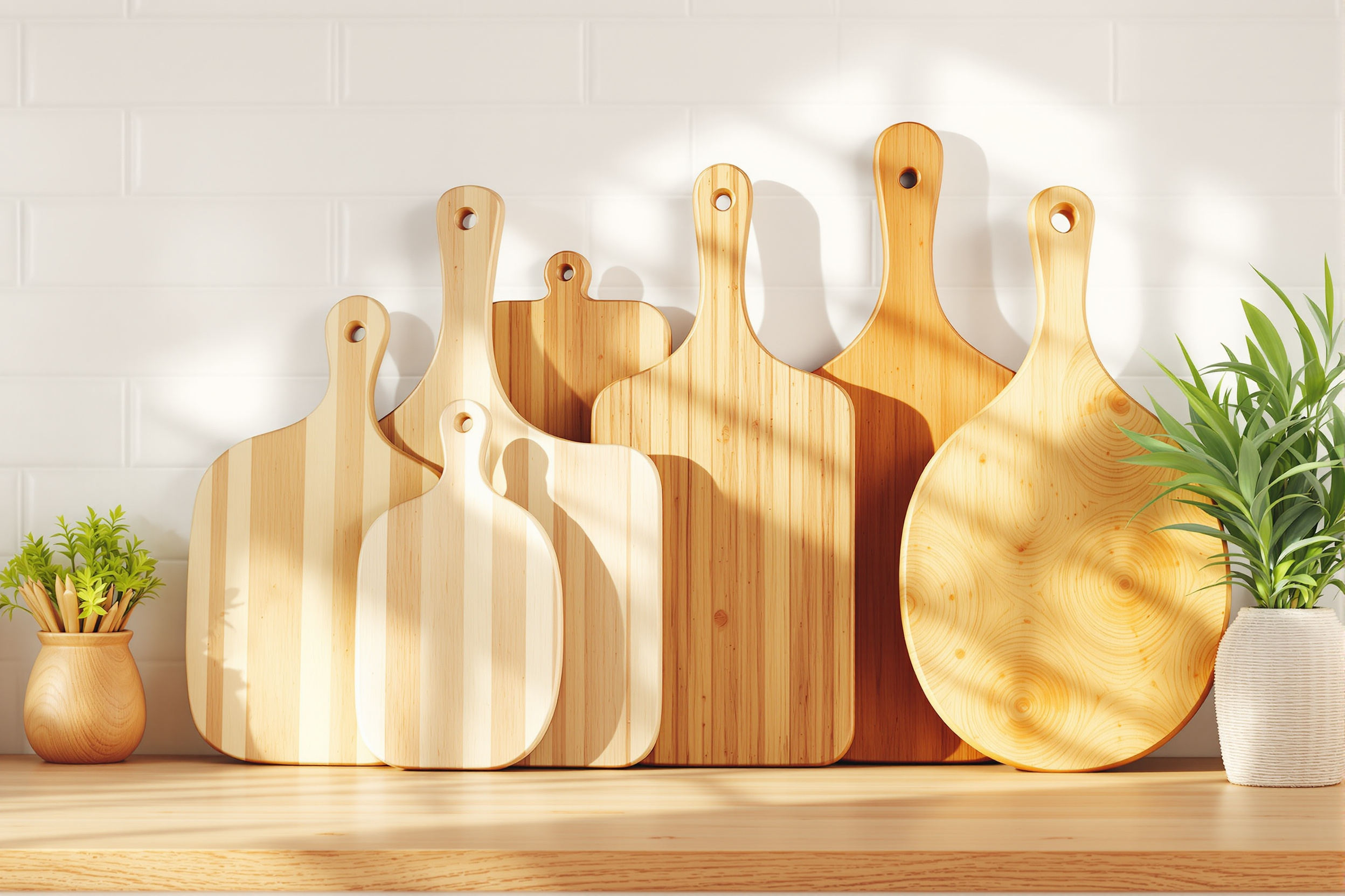 Several wooden and bamboo cutting boards of different sizes leaning upright against a bright kitchen backsplash