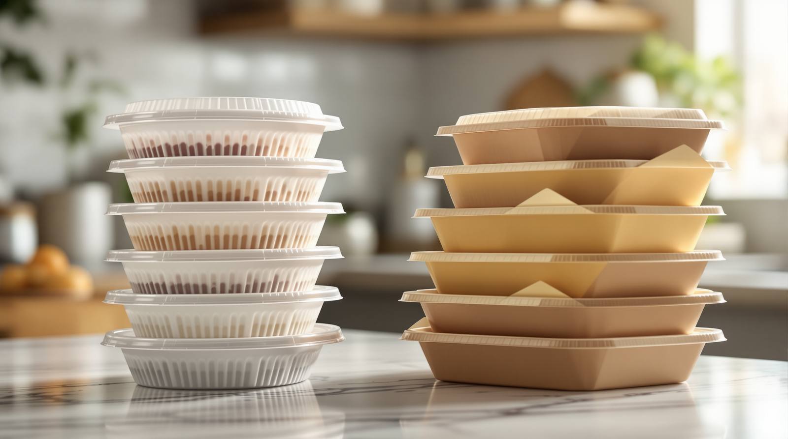 A stack of empty white and kraft-brown plastic takeout food containers on a sunlit kitchen counter