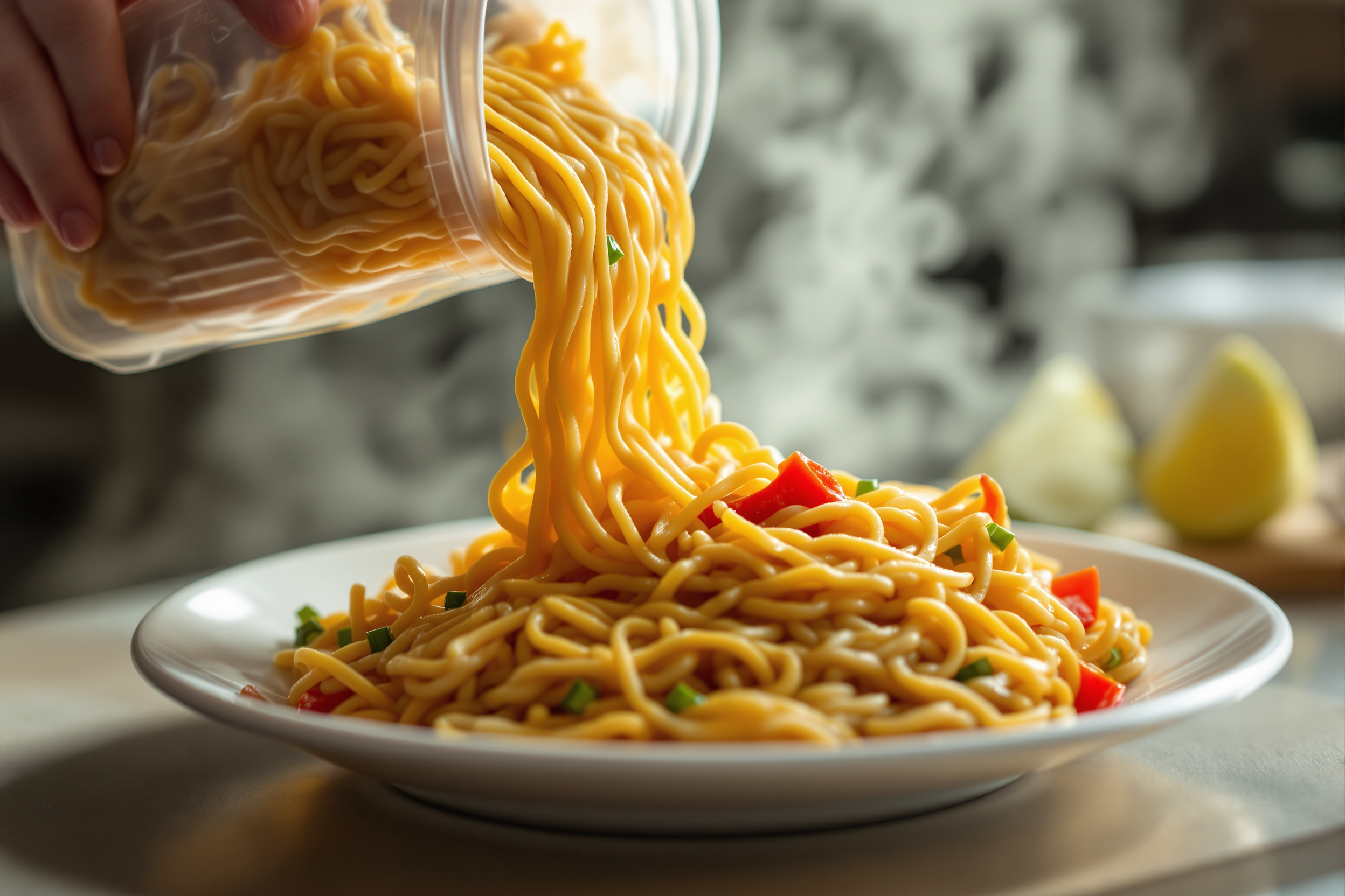 Steaming hot noodles being poured from a clear plastic takeout container onto a white plate in a bright kitchen