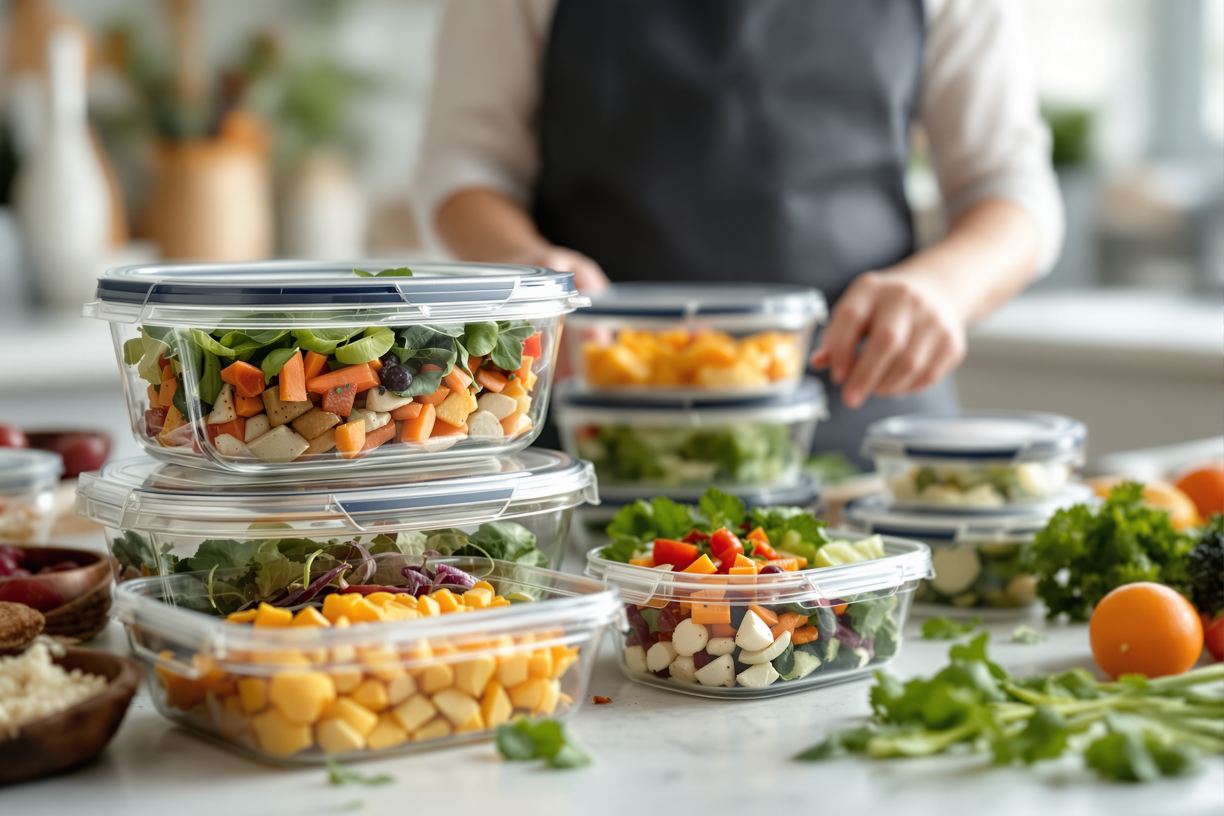 Glass and stainless steel food storage containers filled with fresh home-cooked meals on a bright kitchen counter