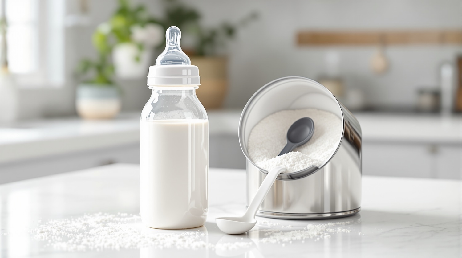 A glass baby bottle filled with prepared infant formula next to an open stainless steel canister of formula powder with a scoop on a bright kitchen counter