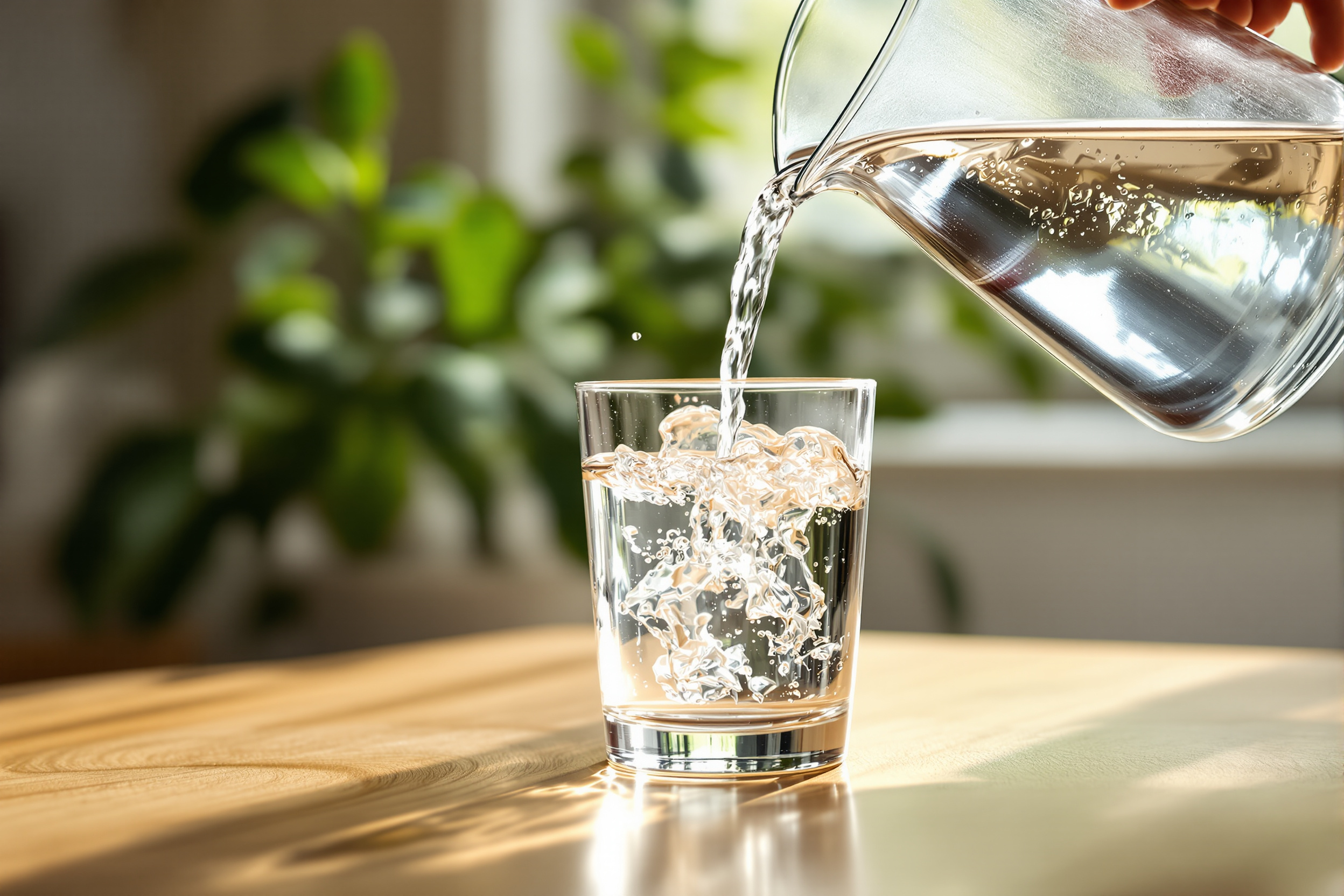 Clear water being poured from a glass pitcher into a drinking glass on a sunlit wooden kitchen counter