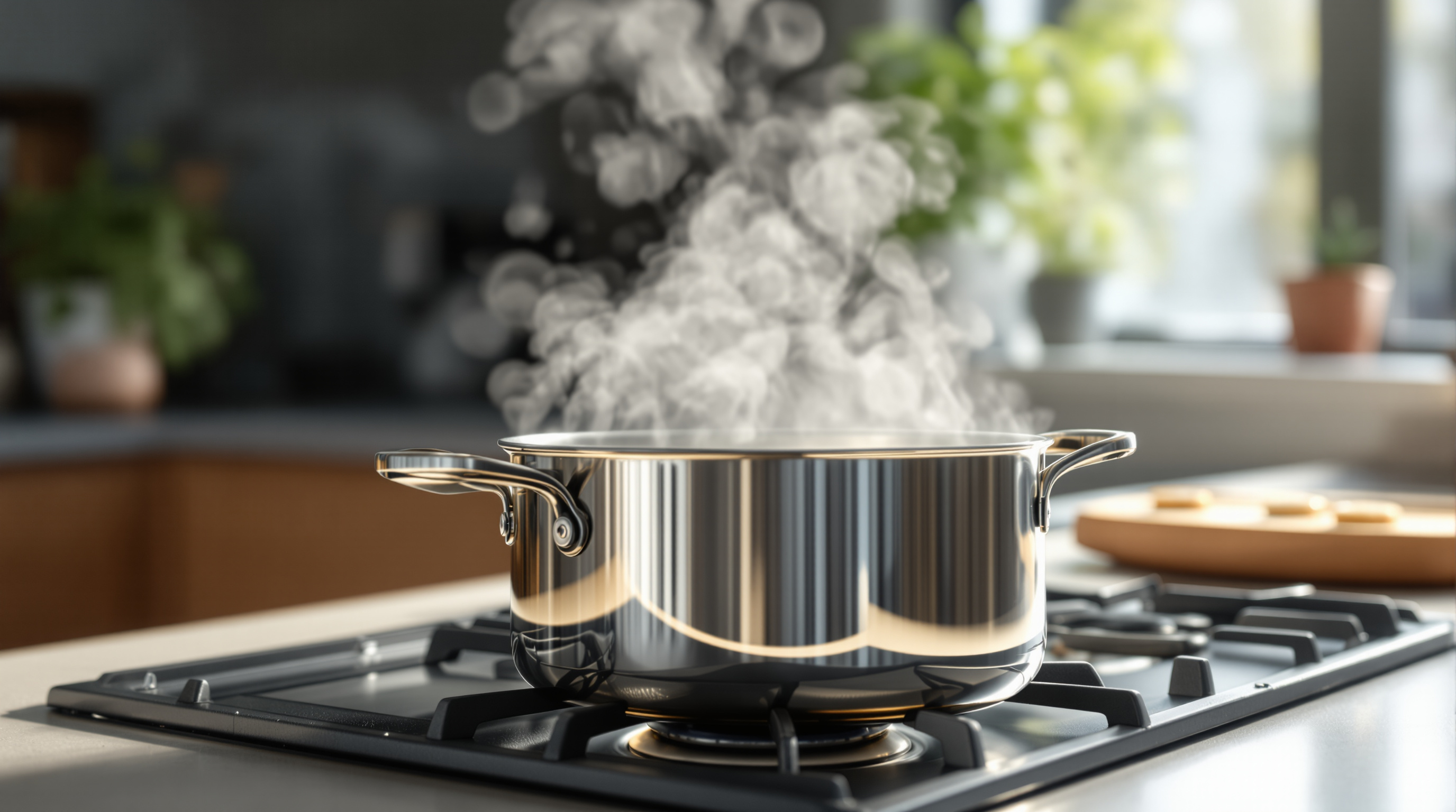 A stainless steel pot of water coming to a rolling boil on a kitchen stovetop with steam rising