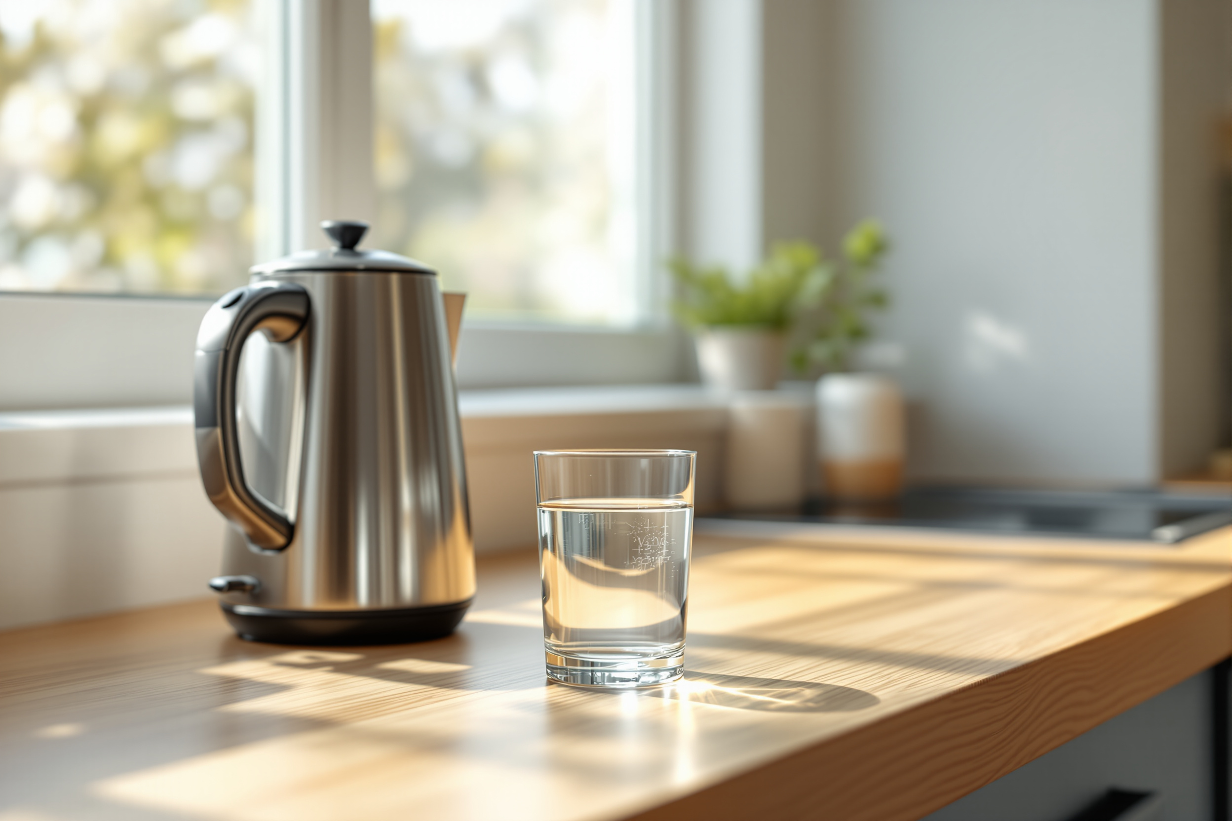 A stainless steel electric kettle beside a clear glass of water on a sunlit wooden kitchen counter