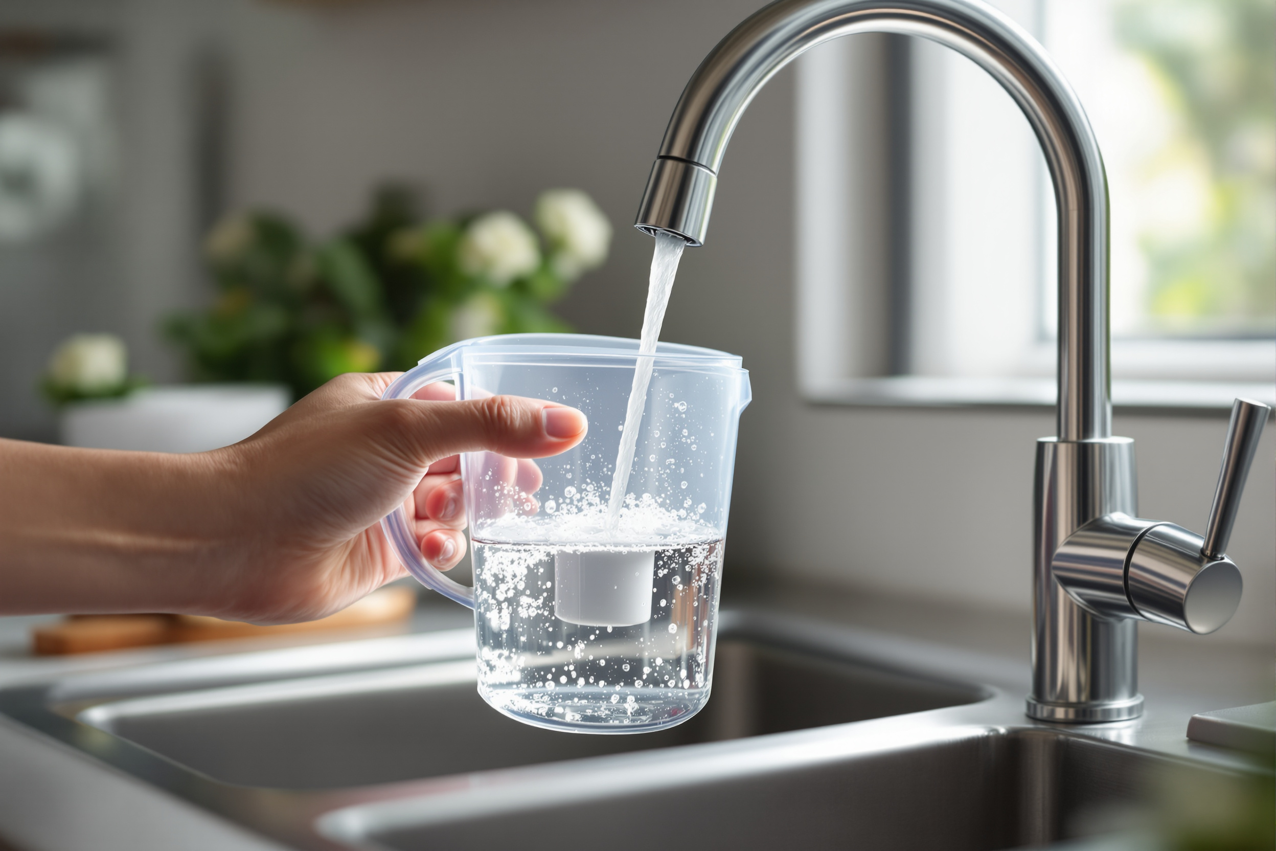 A hand filling a clear plastic water filter pitcher under a stainless steel kitchen faucet with running water