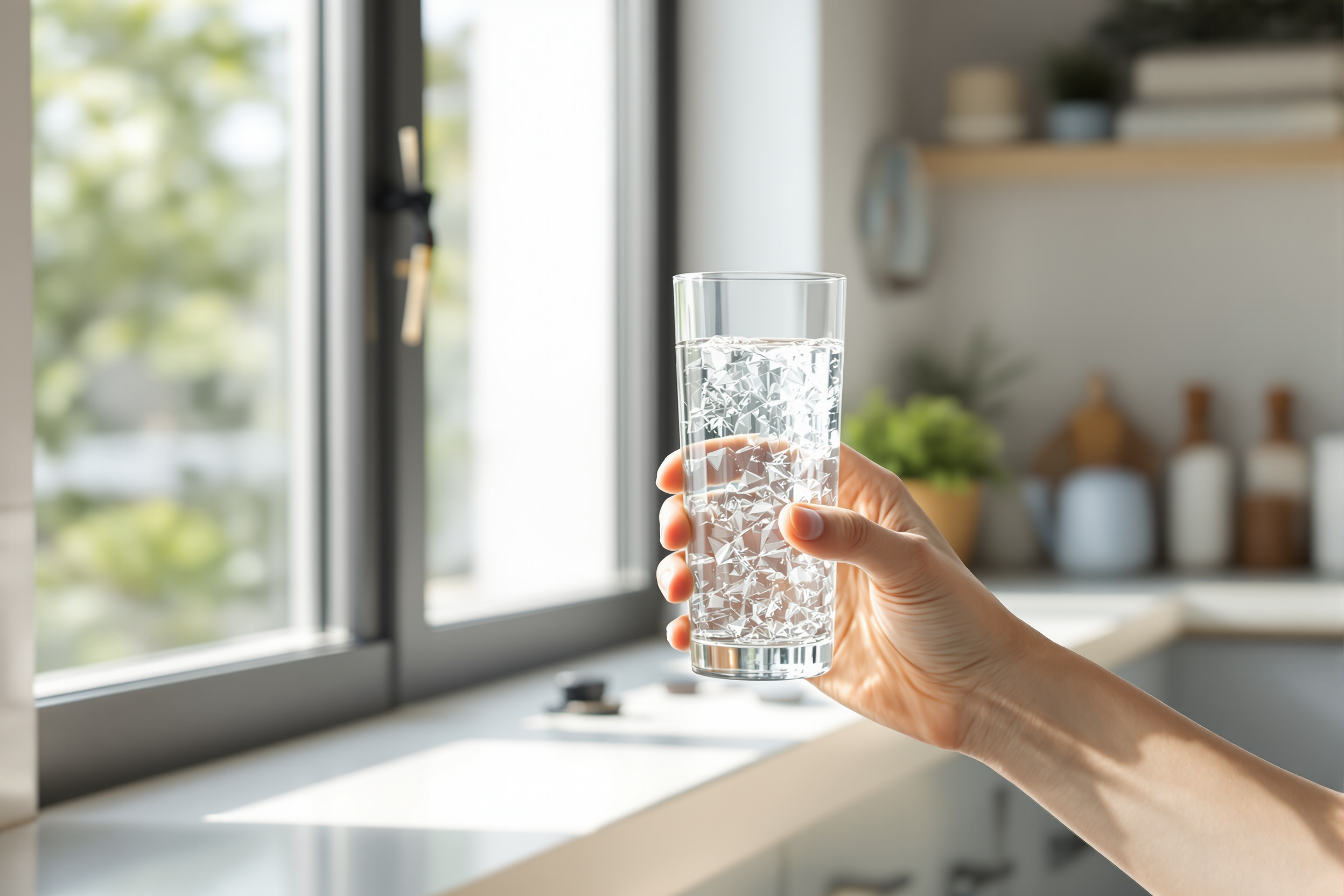 A hand holding a tall glass of clear filtered drinking water up to a bright kitchen window in natural daylight