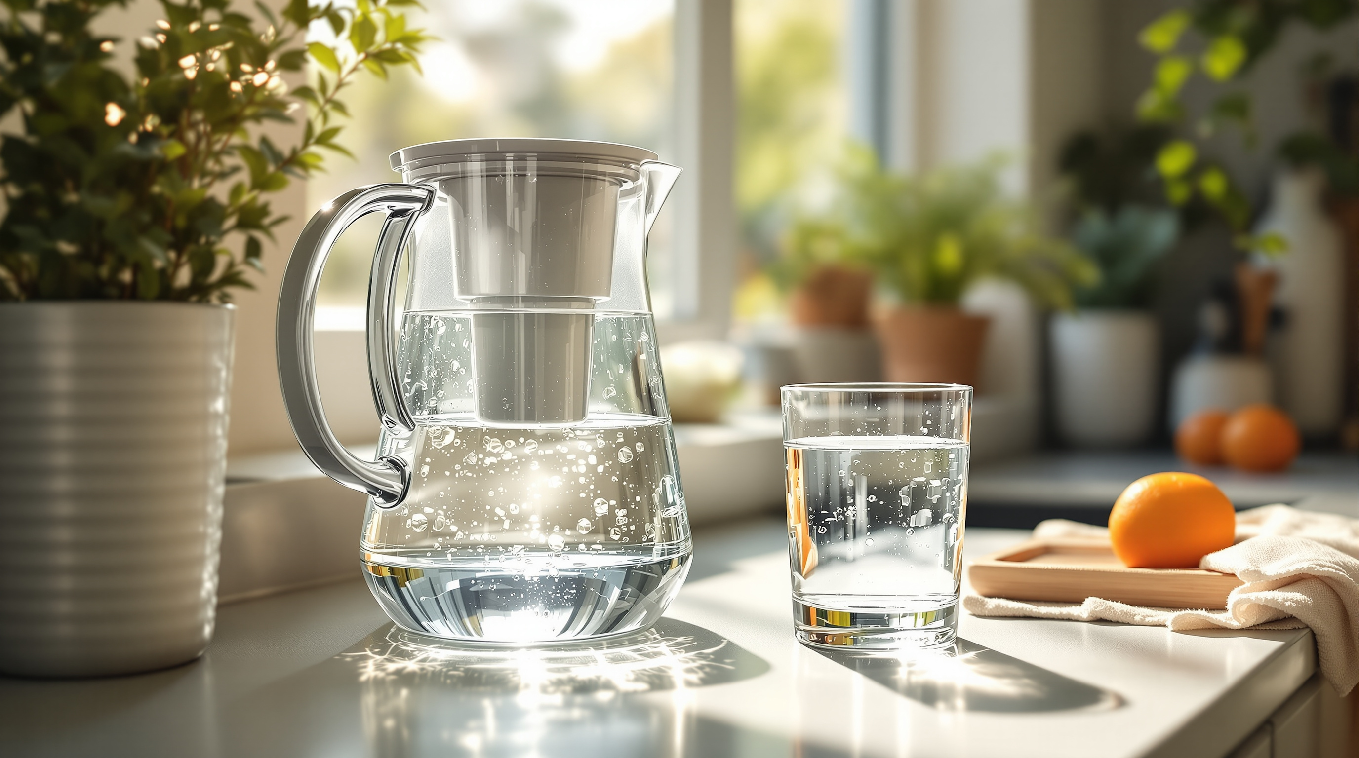 A clear glass water filter pitcher beside a full glass of water on a sunlit kitchen countertop