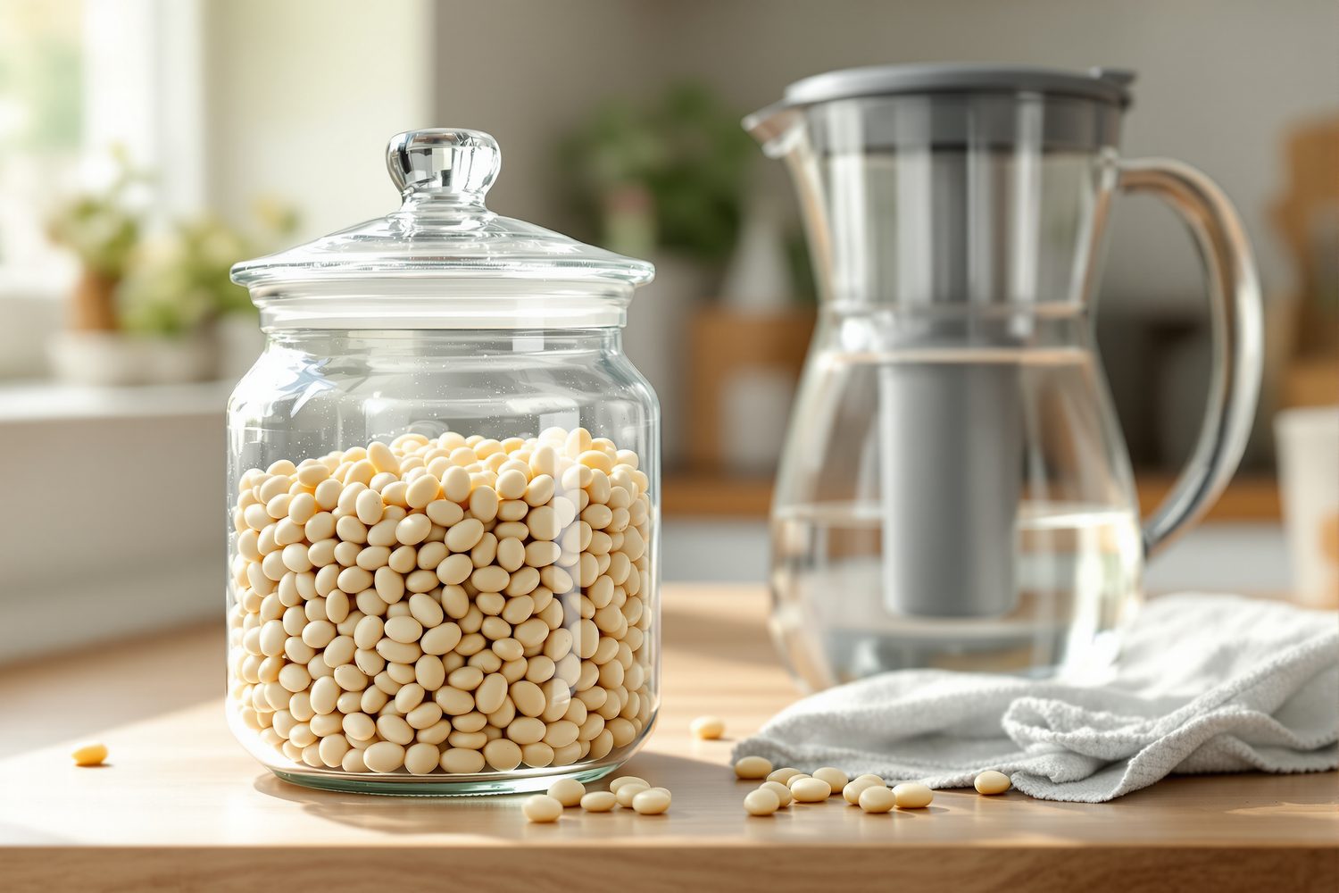 White beans decanted into a clear glass storage jar beside a glass water filter pitcher on a sunlit kitchen counter