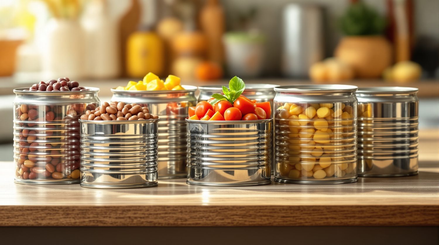 An assortment of opened metal food cans filled with beans, corn and tomatoes on a sunlit kitchen counter