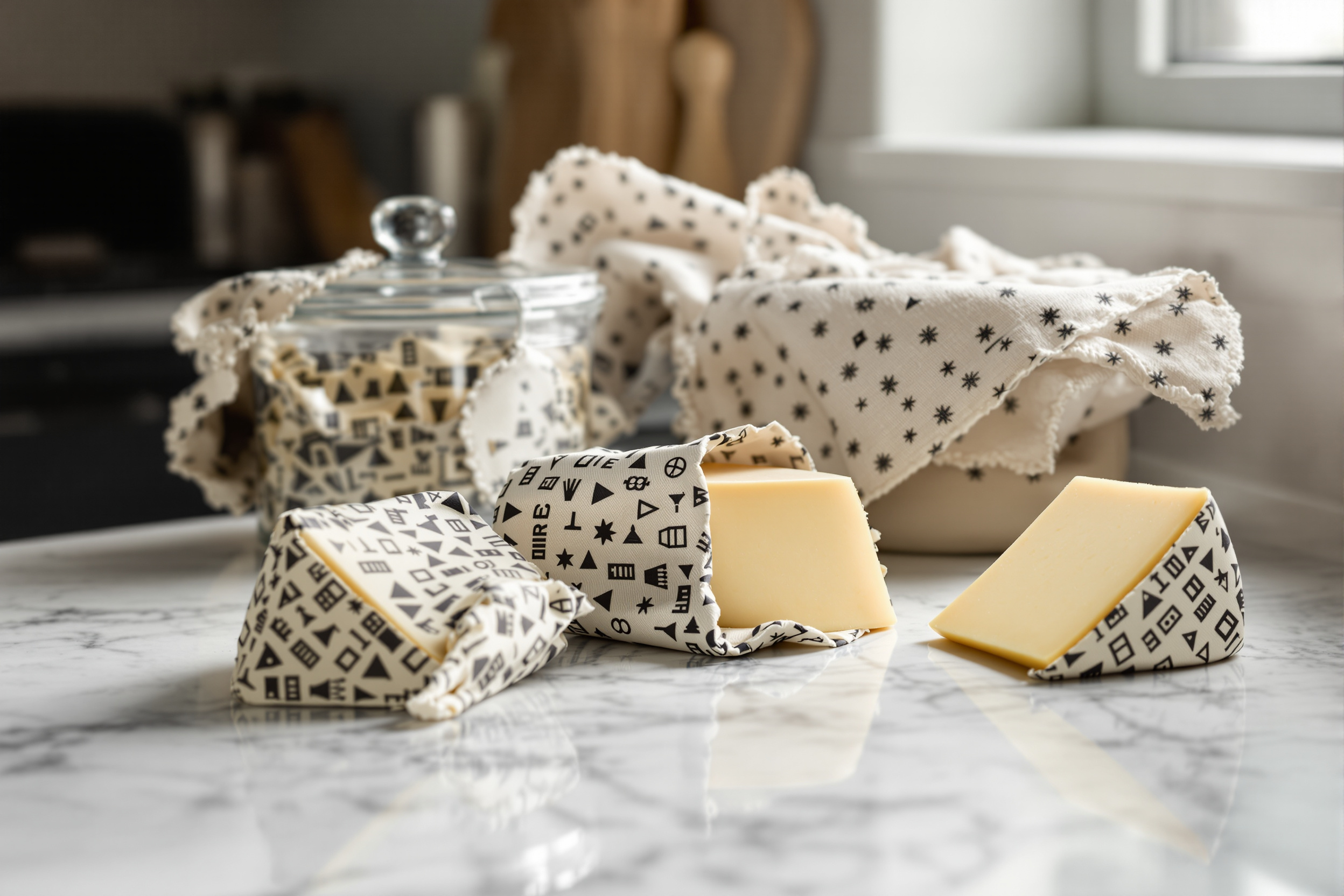 Wedges of cheese wrapped in patterned beeswax cloth food wraps beside a clear glass storage container on a marble kitchen counter