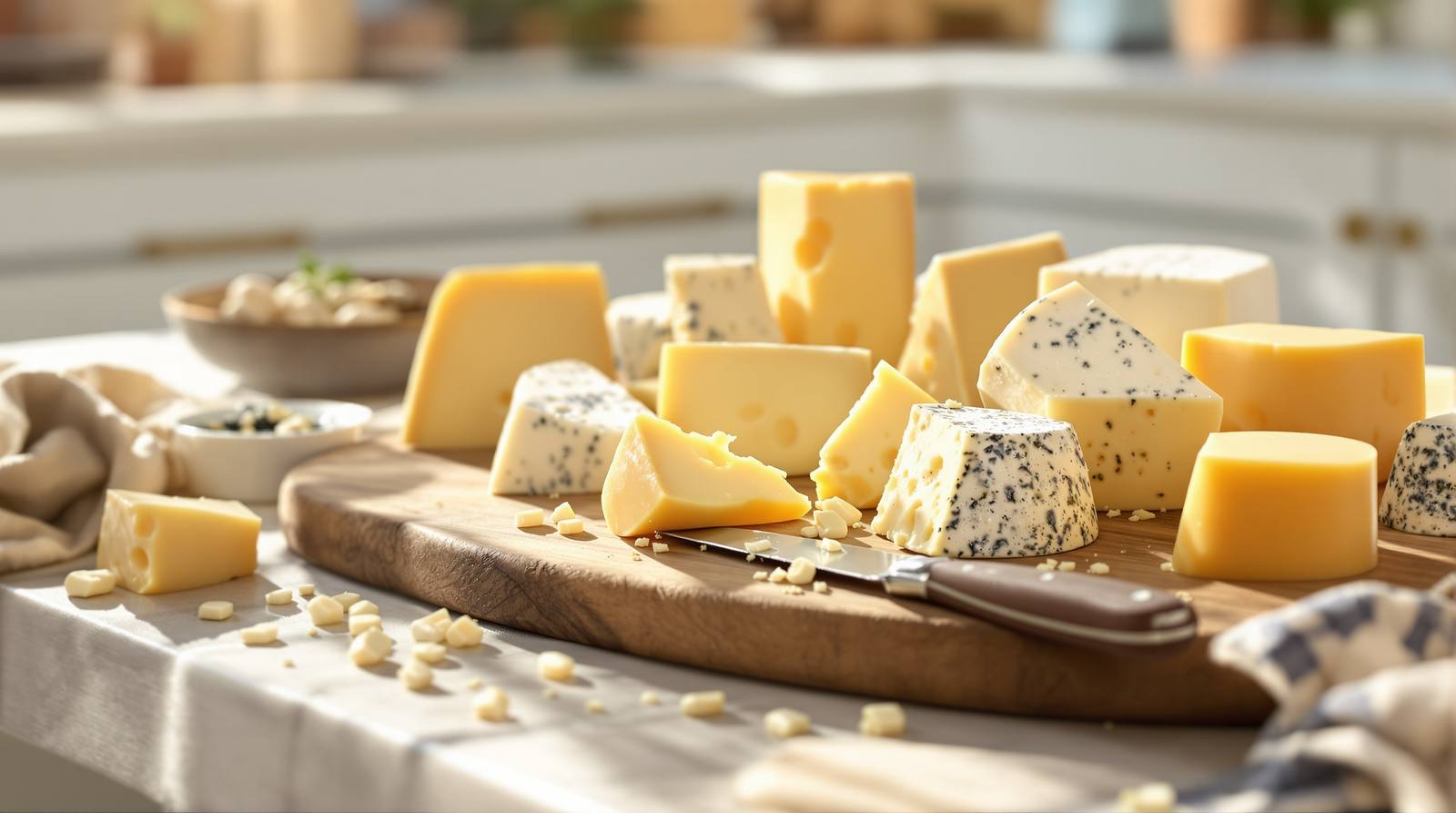 An assortment of cheese wedges and blocks on a rustic wooden cheese board with a cheese knife on a sunlit kitchen counter