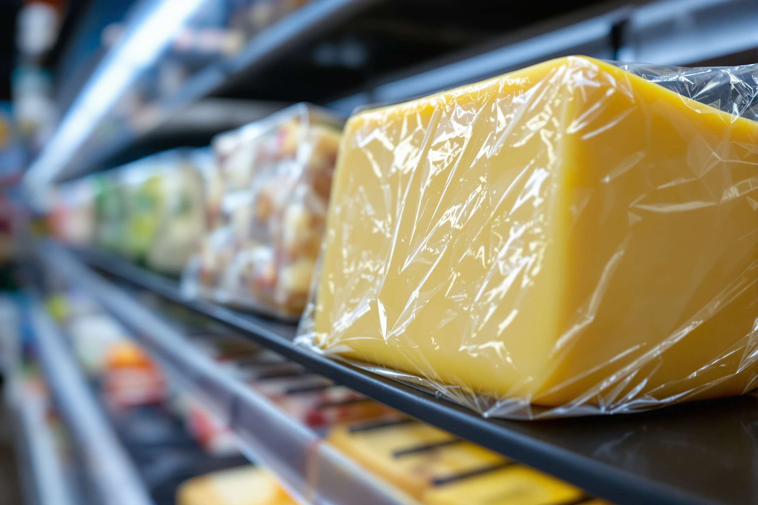 A block of cheese tightly sealed in clear plastic shrink film on a refrigerated supermarket shelf