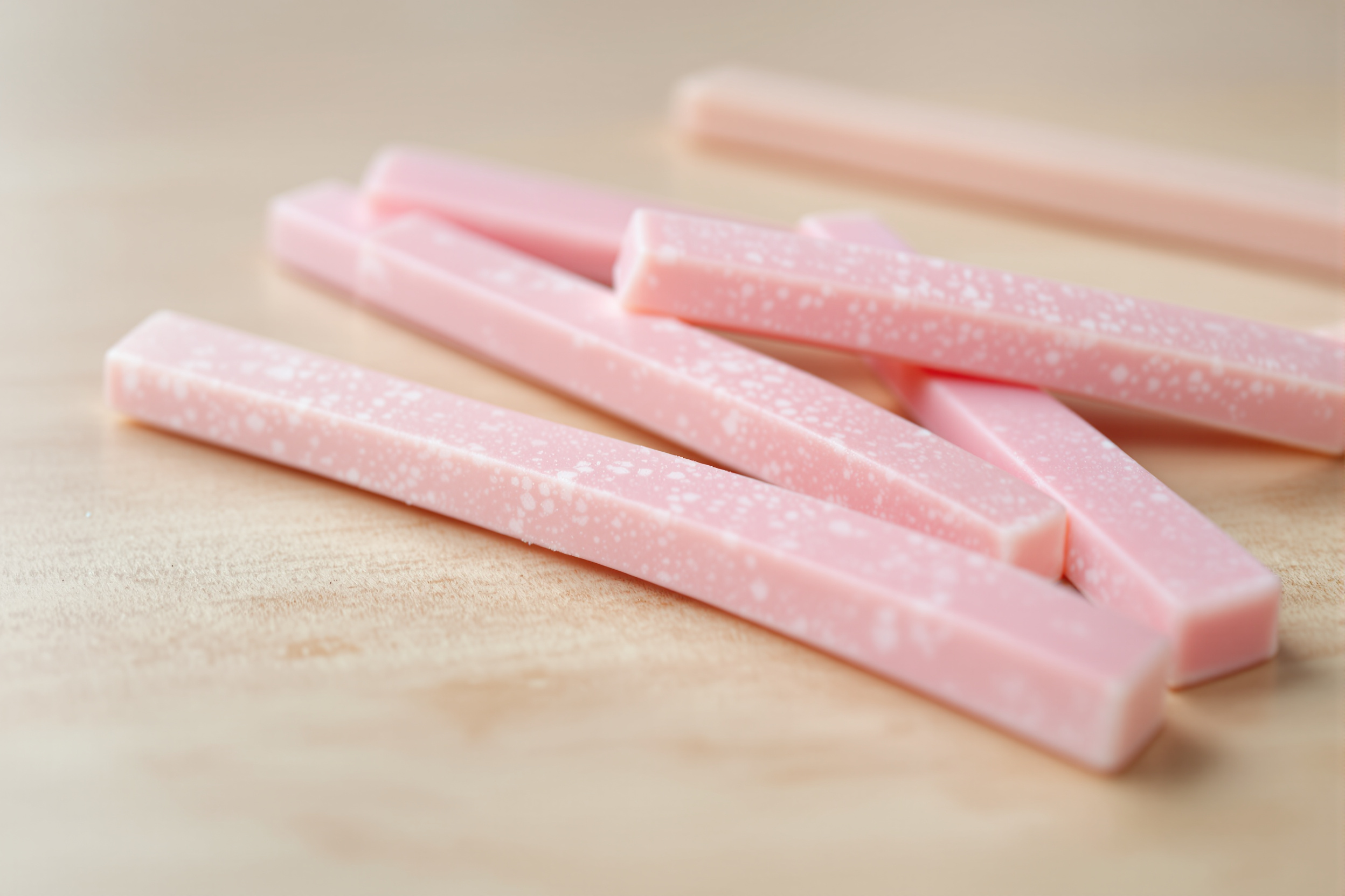 A close-up of several pale pink sticks of chewing gum fanned out on a light wooden table in soft daylight