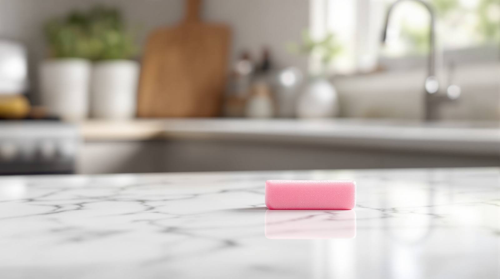 A single pink stick of chewing gum on a light marble countertop in soft natural window light