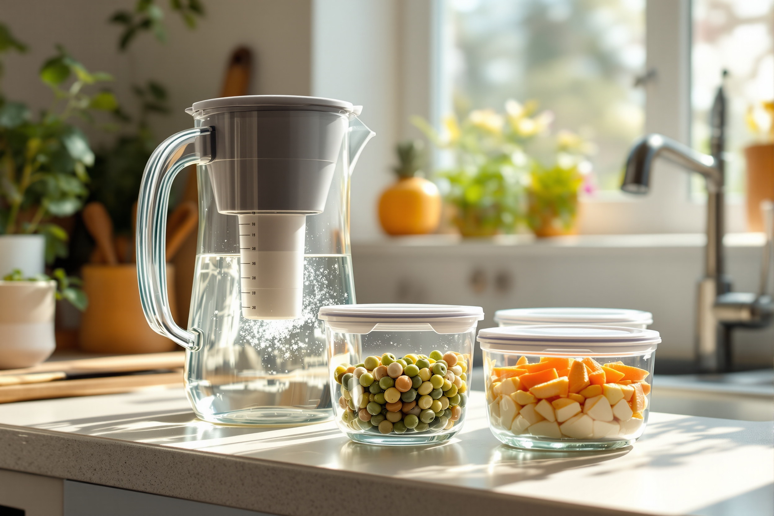 A glass water filter pitcher and glass food storage containers on a sunlit kitchen counter