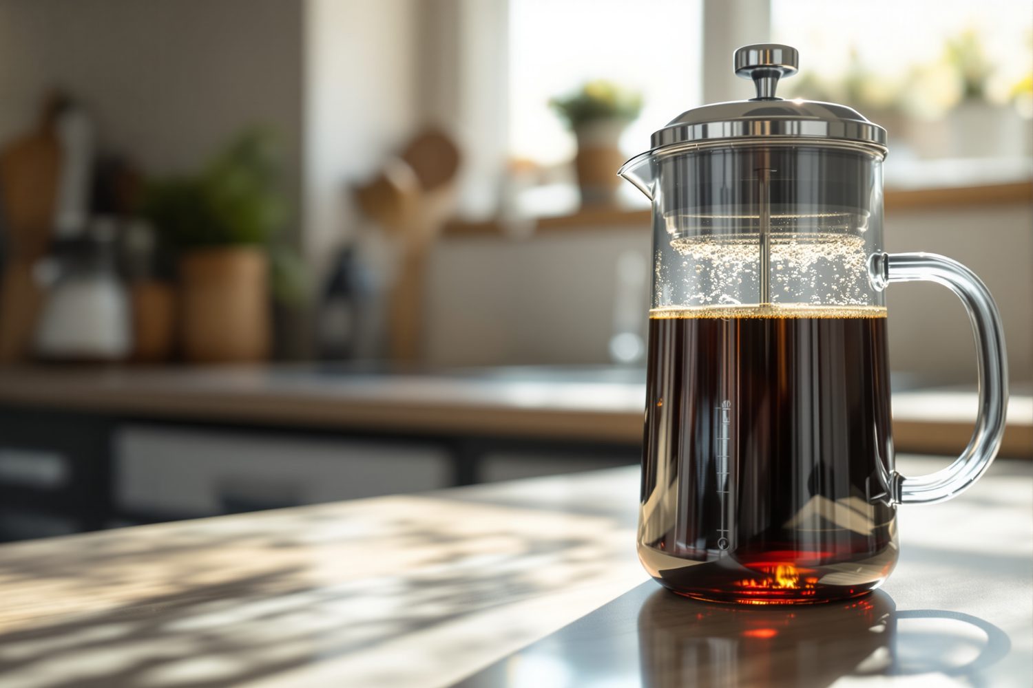 A glass French press filled with freshly brewed dark coffee on a sunlit kitchen counter