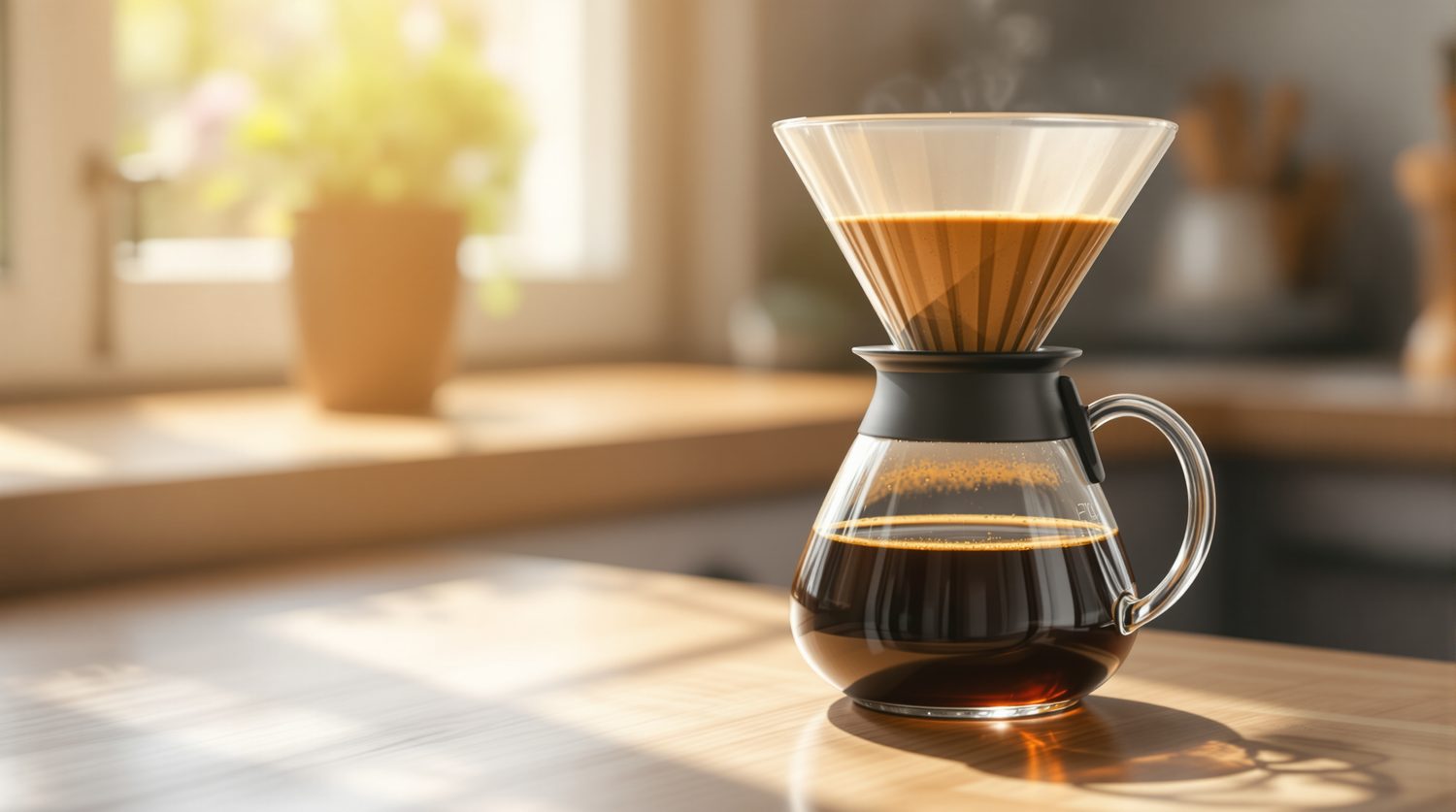 A glass pour-over dripper brewing coffee into a glass carafe on a sunlit wooden kitchen counter