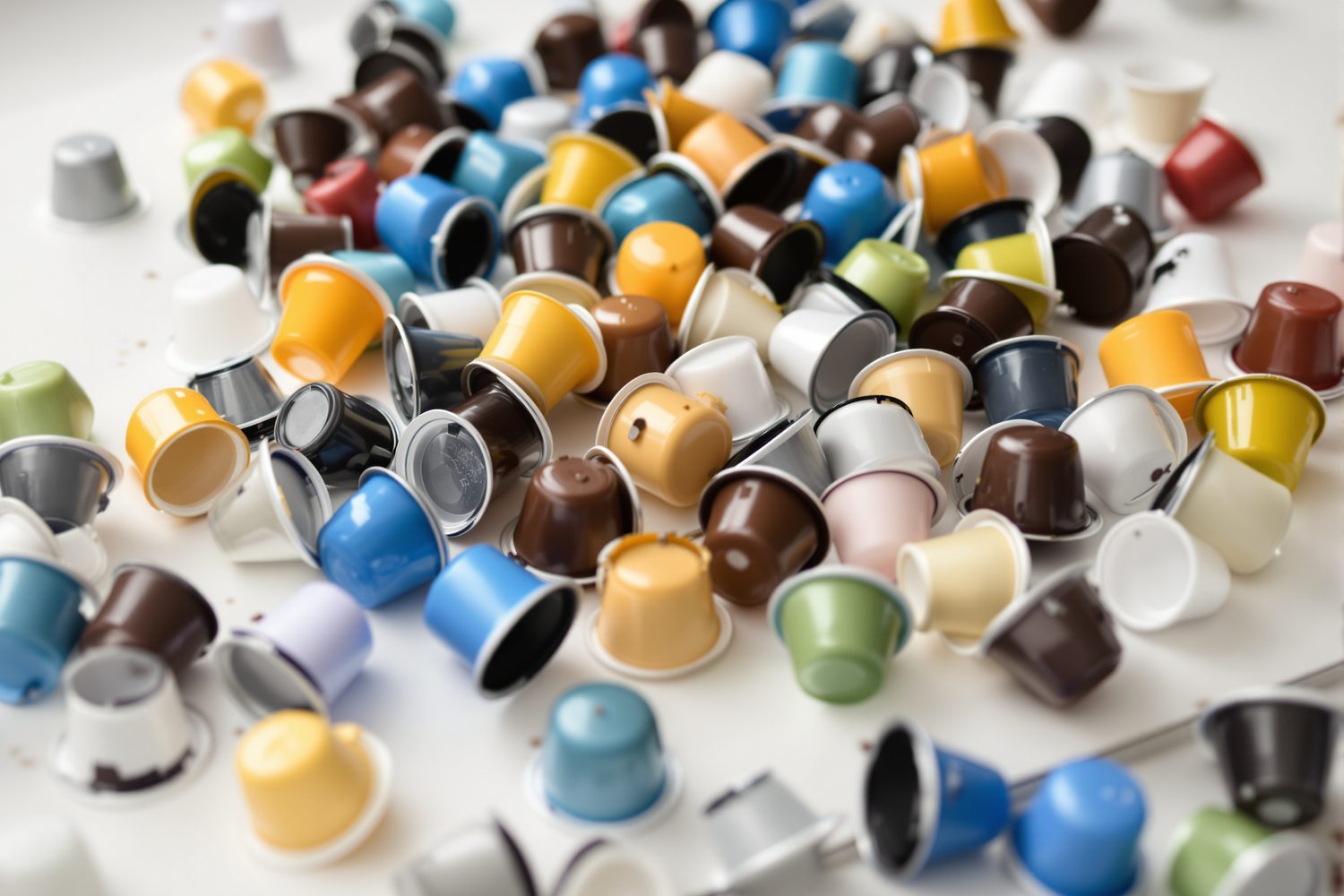 A large pile of used single-serve plastic coffee capsules in many colors scattered on a white counter
