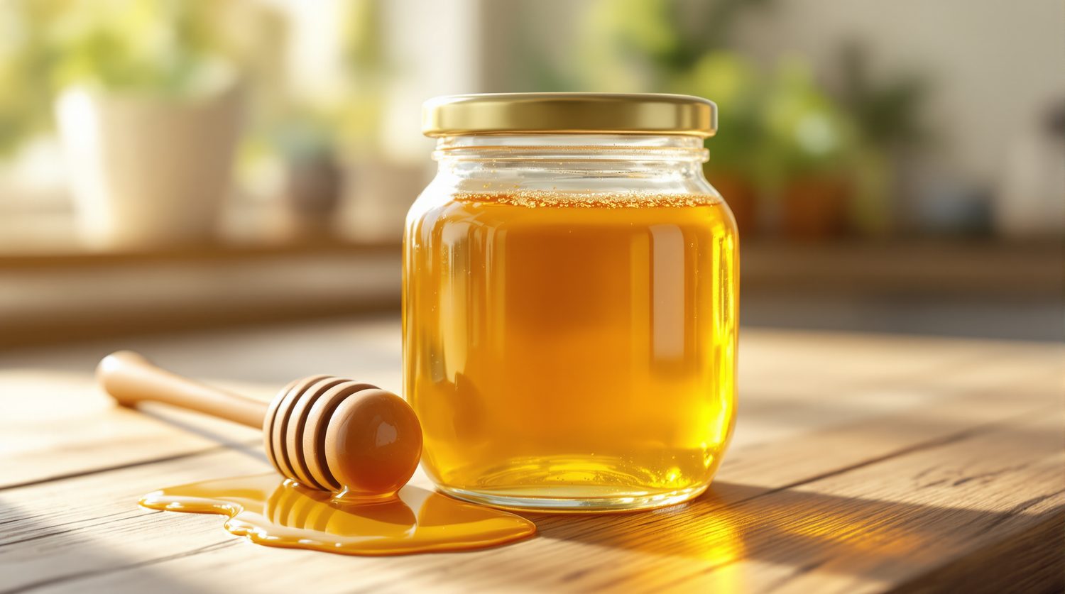 A glass jar of golden honey with a wooden honey dipper resting beside it on a sunlit wooden kitchen counter