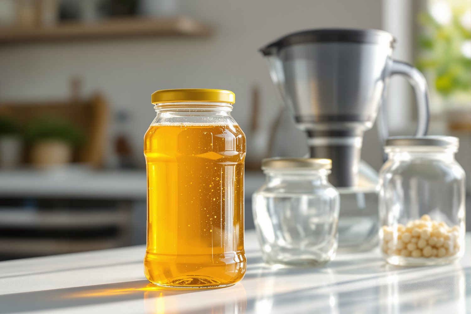 A glass jar of golden honey beside a glass water filter pitcher and two glass storage jars on a bright kitchen counter