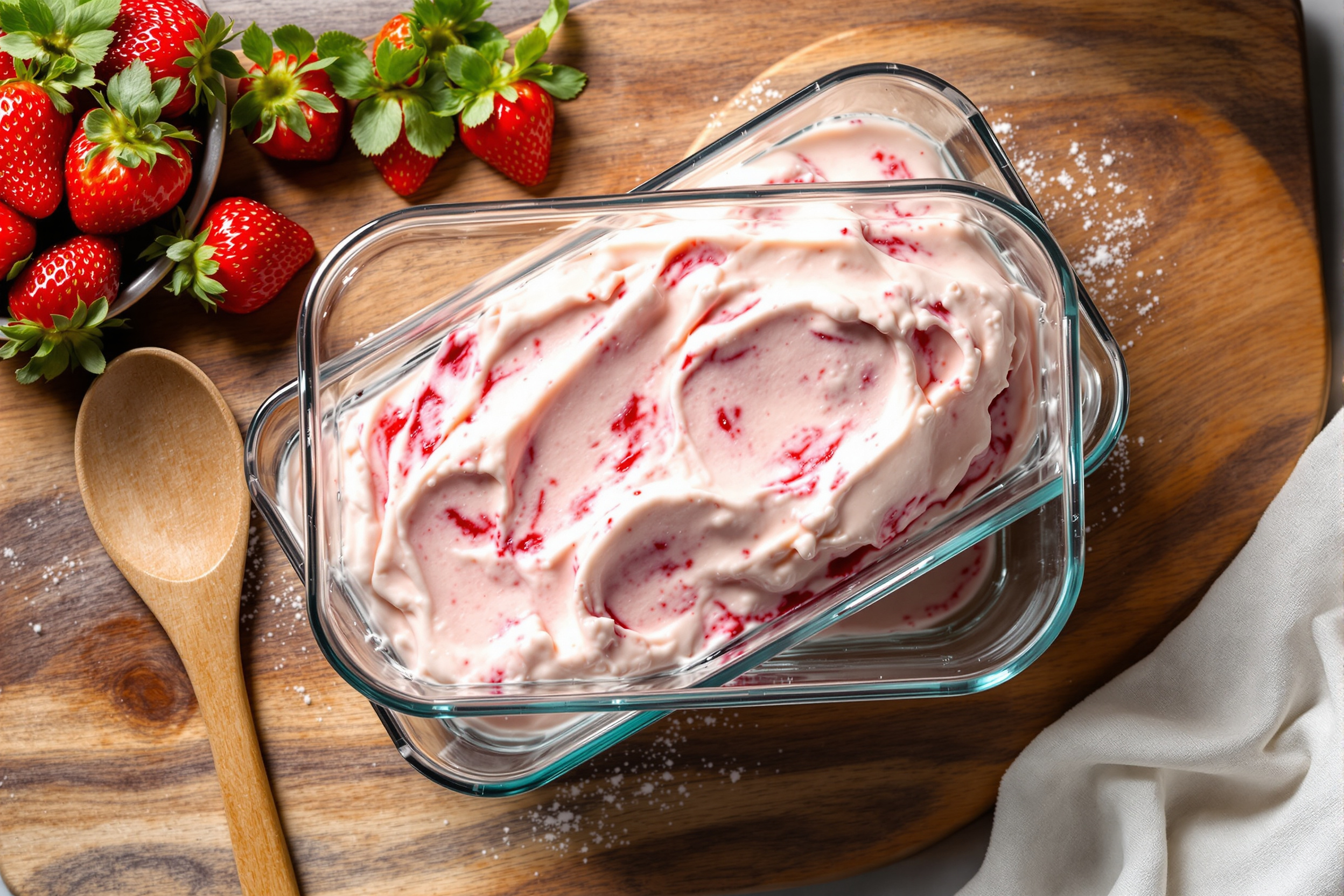 Overhead view of homemade strawberry-swirl ice cream in a clear glass storage container with fresh strawberries and a wooden spoon on a rustic wooden board