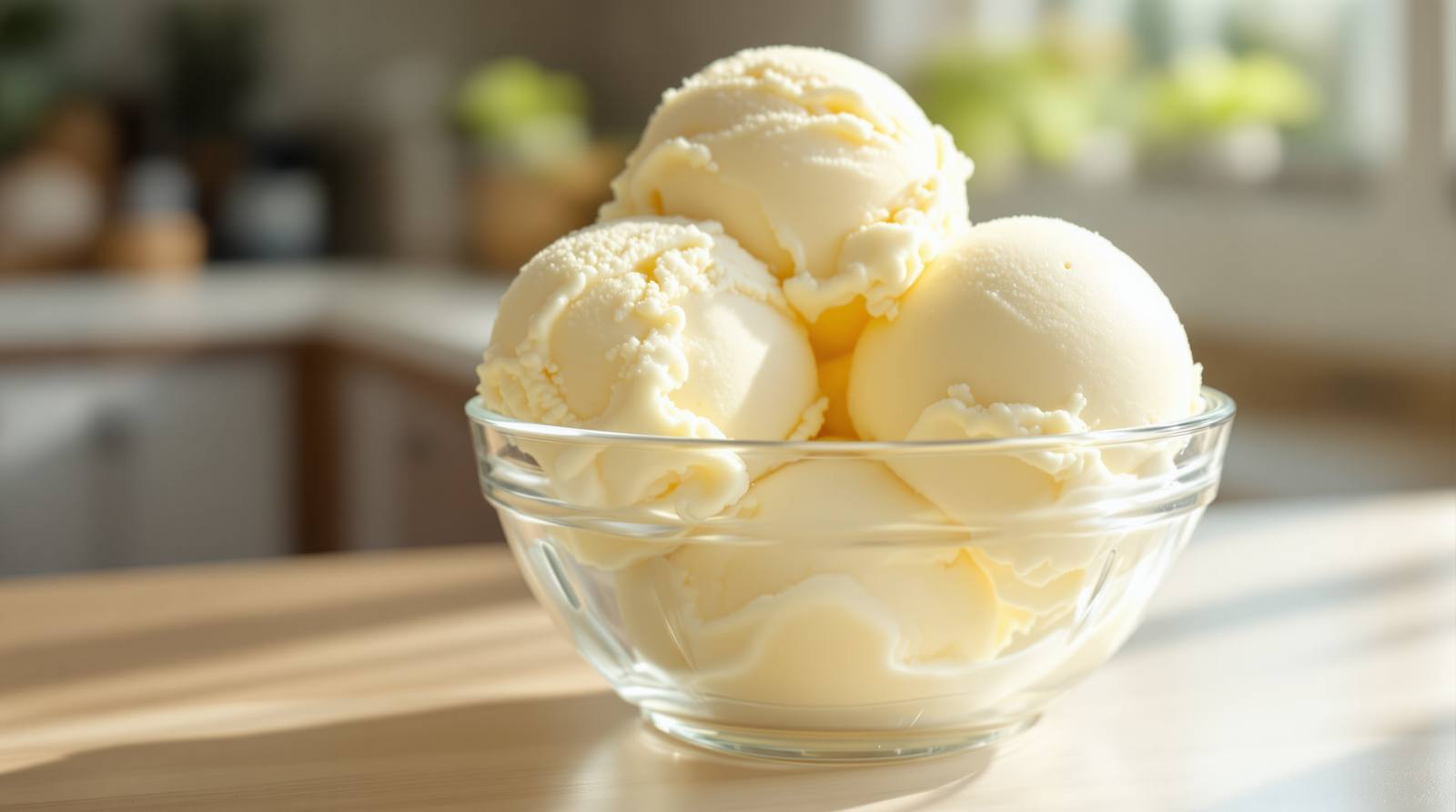Three scoops of creamy vanilla ice cream in a clear glass bowl on a sunlit wooden kitchen counter