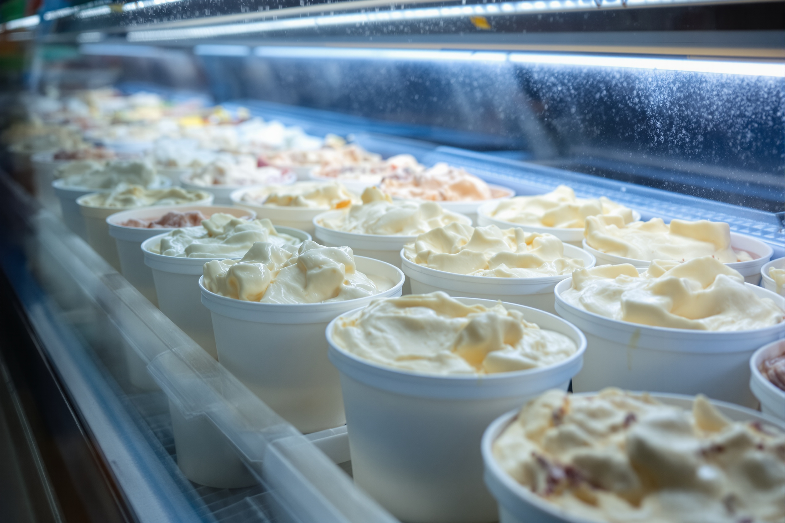 Rows of plain white plastic tubs of ice cream in a frosty open supermarket freezer display case under cold light
