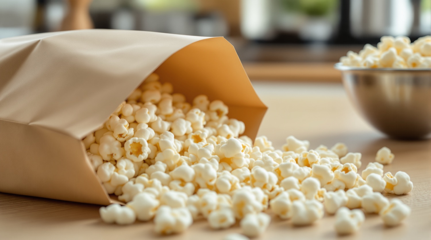 Freshly popped white popcorn spilling out of a plain unbranded paper bag onto a light wood kitchen counter, with a stainless steel bowl of popcorn beside it