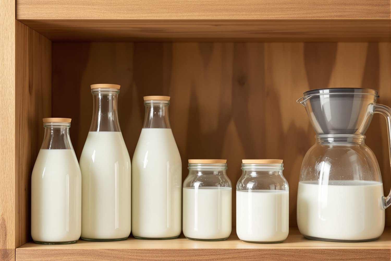 Glass milk bottles and glass storage jars filled with milk on a wooden kitchen shelf beside a glass filter pitcher