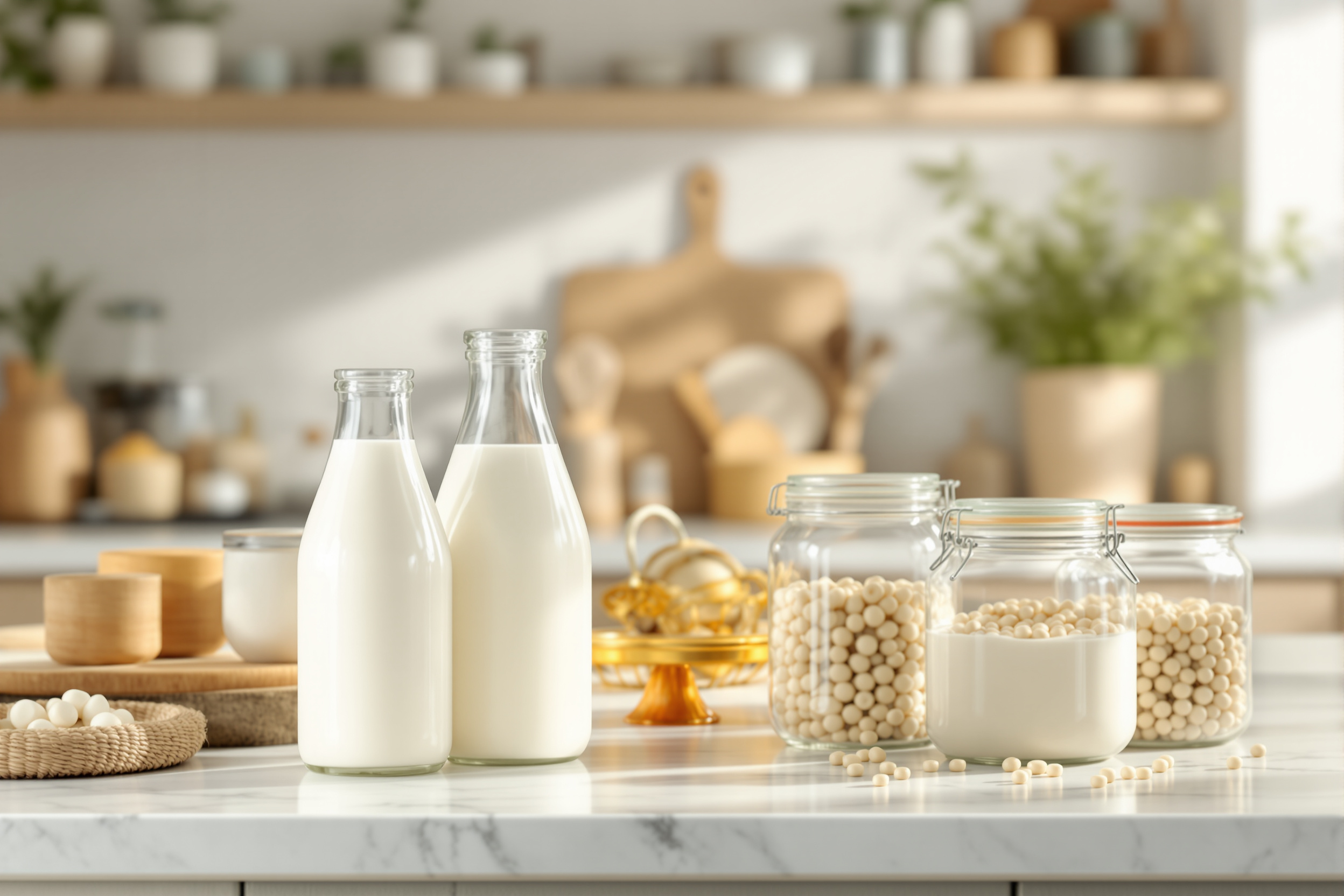Glass milk bottles and glass storage jars arranged on a clean marble kitchen counter in soft morning light