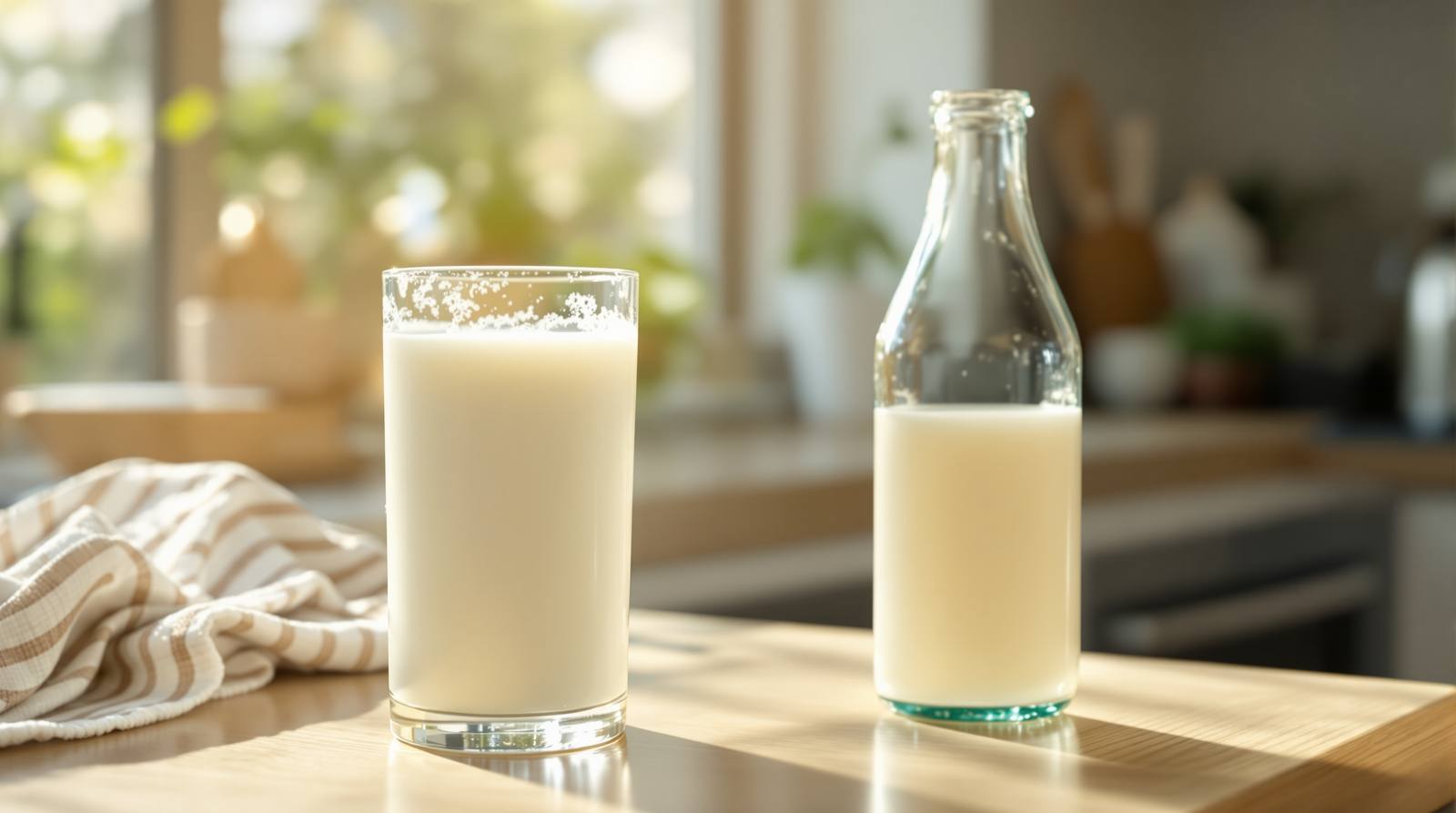 A tall glass of fresh milk beside a clear glass milk bottle on a sunlit wooden kitchen counter