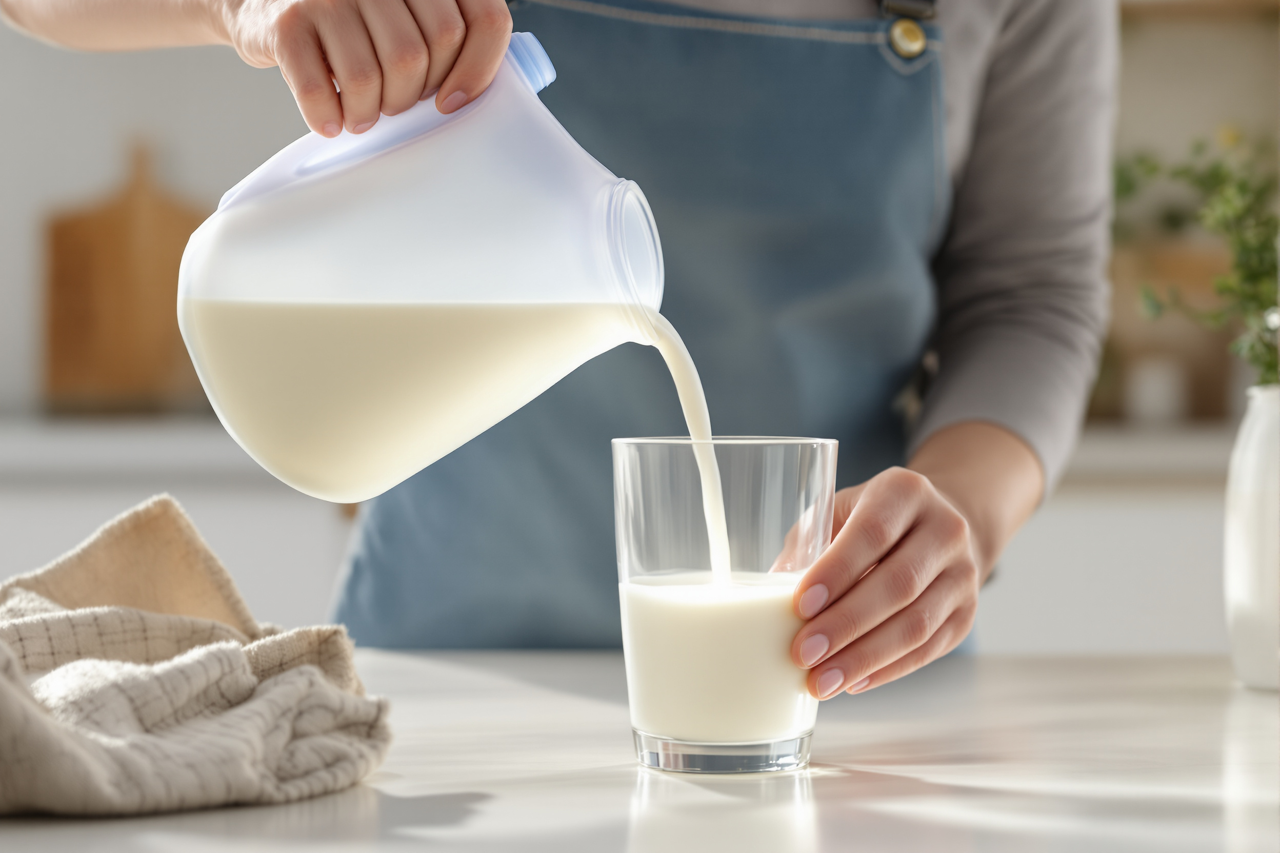Milk being poured from a plain unlabeled plastic jug into a clear drinking glass on a bright kitchen counter