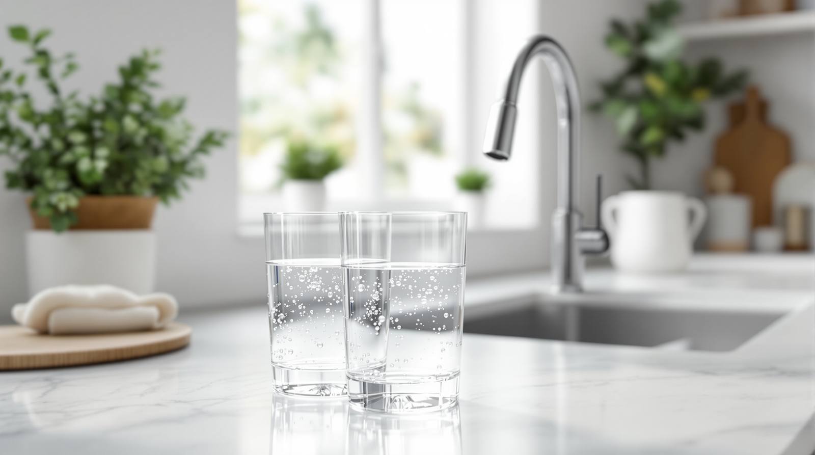 Two glasses of clear filtered water on a white marble kitchen counter beside a modern chrome faucet in a bright, plant-filled kitchen