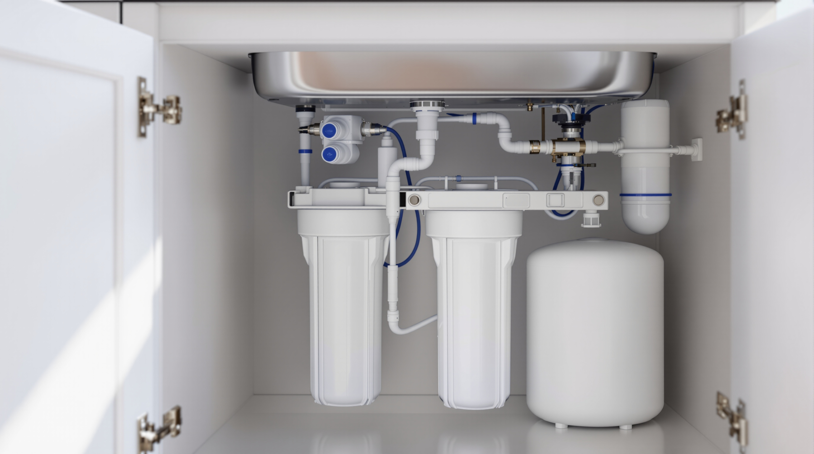 An under-sink reverse osmosis water filter system with white cylindrical filter housings and a storage tank installed beneath a modern kitchen sink