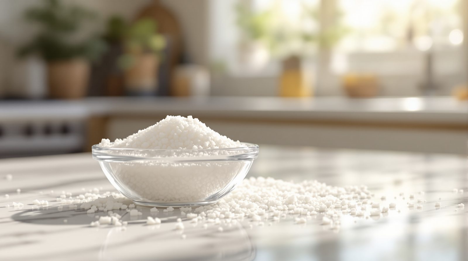 A small clear glass bowl of coarse white sea salt on a sunlit marble kitchen counter, with grains scattered around it