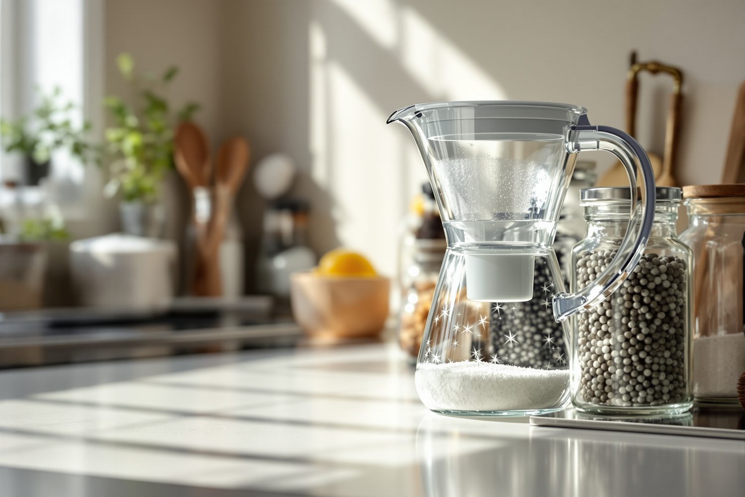 A glass water filter pitcher beside glass storage jars on a sunlit kitchen counter