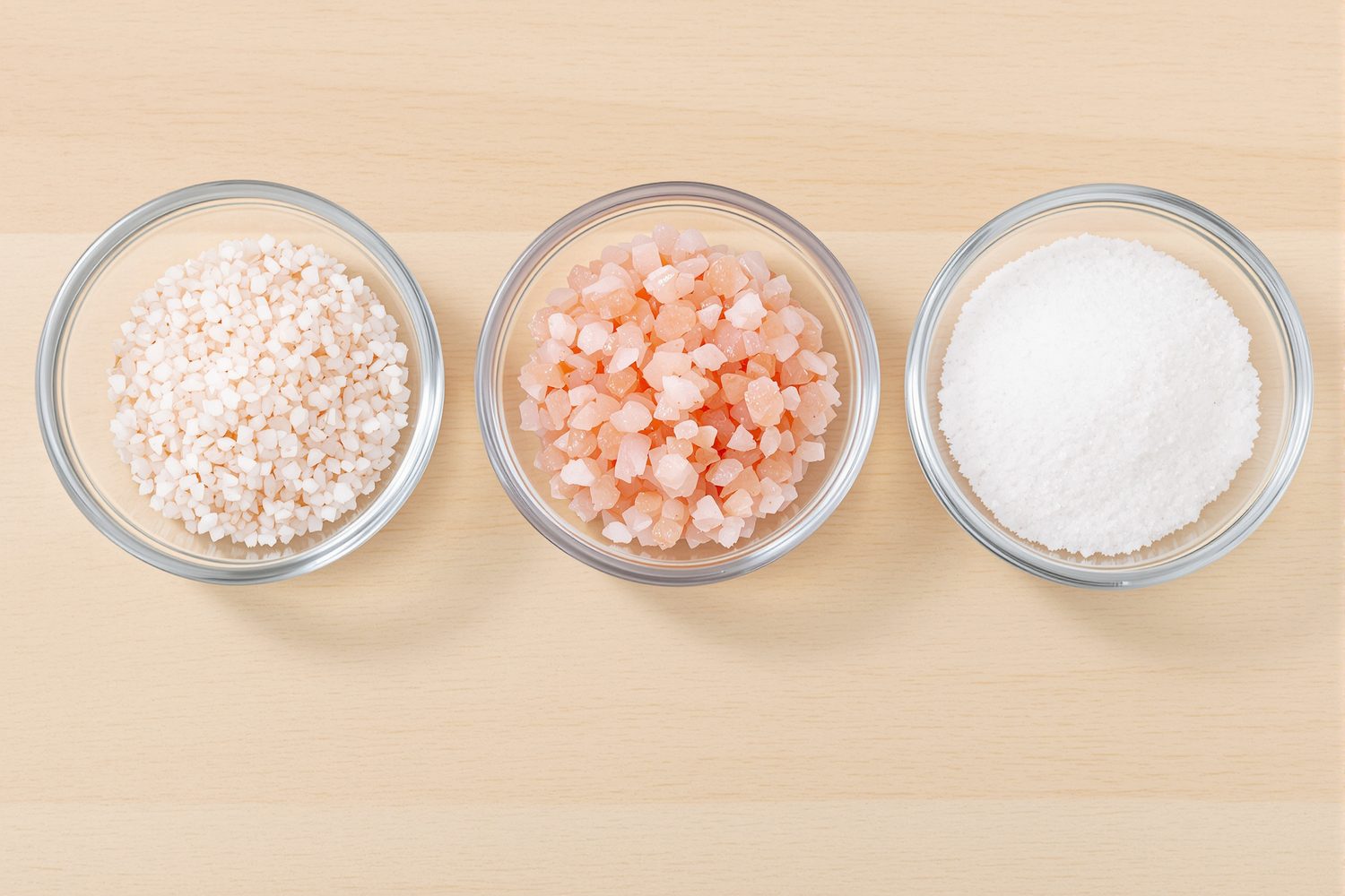 Three small glass dishes holding coarse white sea salt, pink rock salt, and fine white table salt side by side on a light wooden table