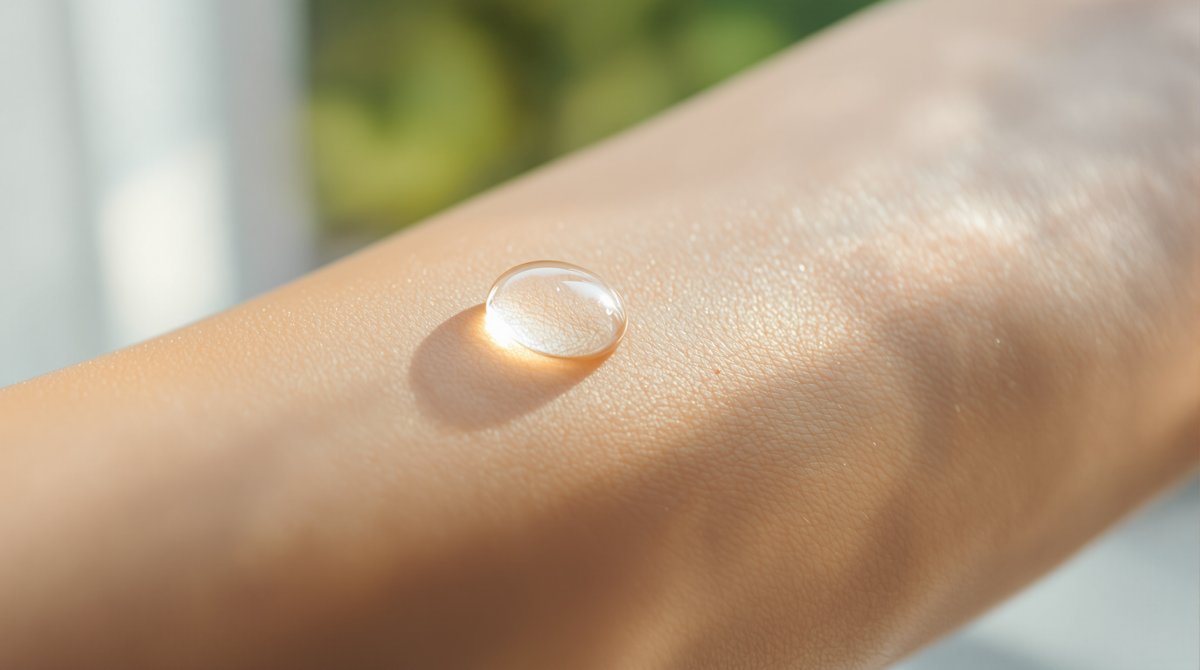 A close-up of a clear water droplet resting on the smooth skin of a human forearm in soft natural light
