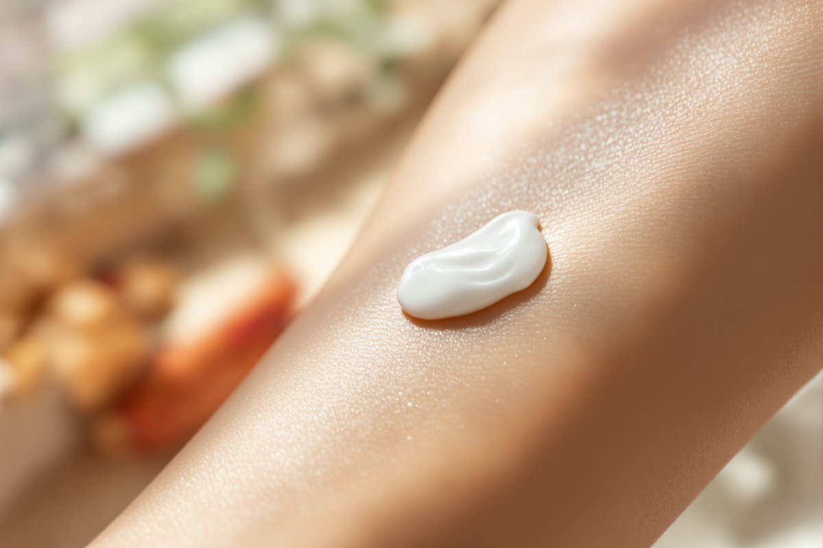 A dab of white moisturizer cream resting on the skin of a forearm in soft natural light