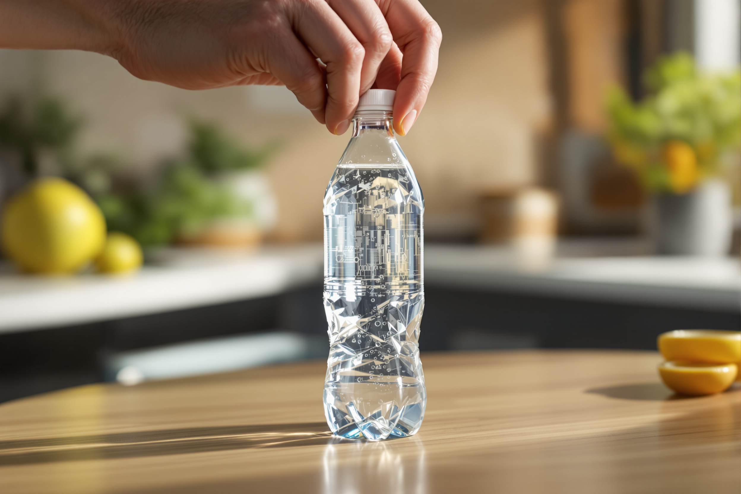 A hand unscrewing the cap of a clear plastic bottle of fizzy soda on a kitchen table in soft natural light